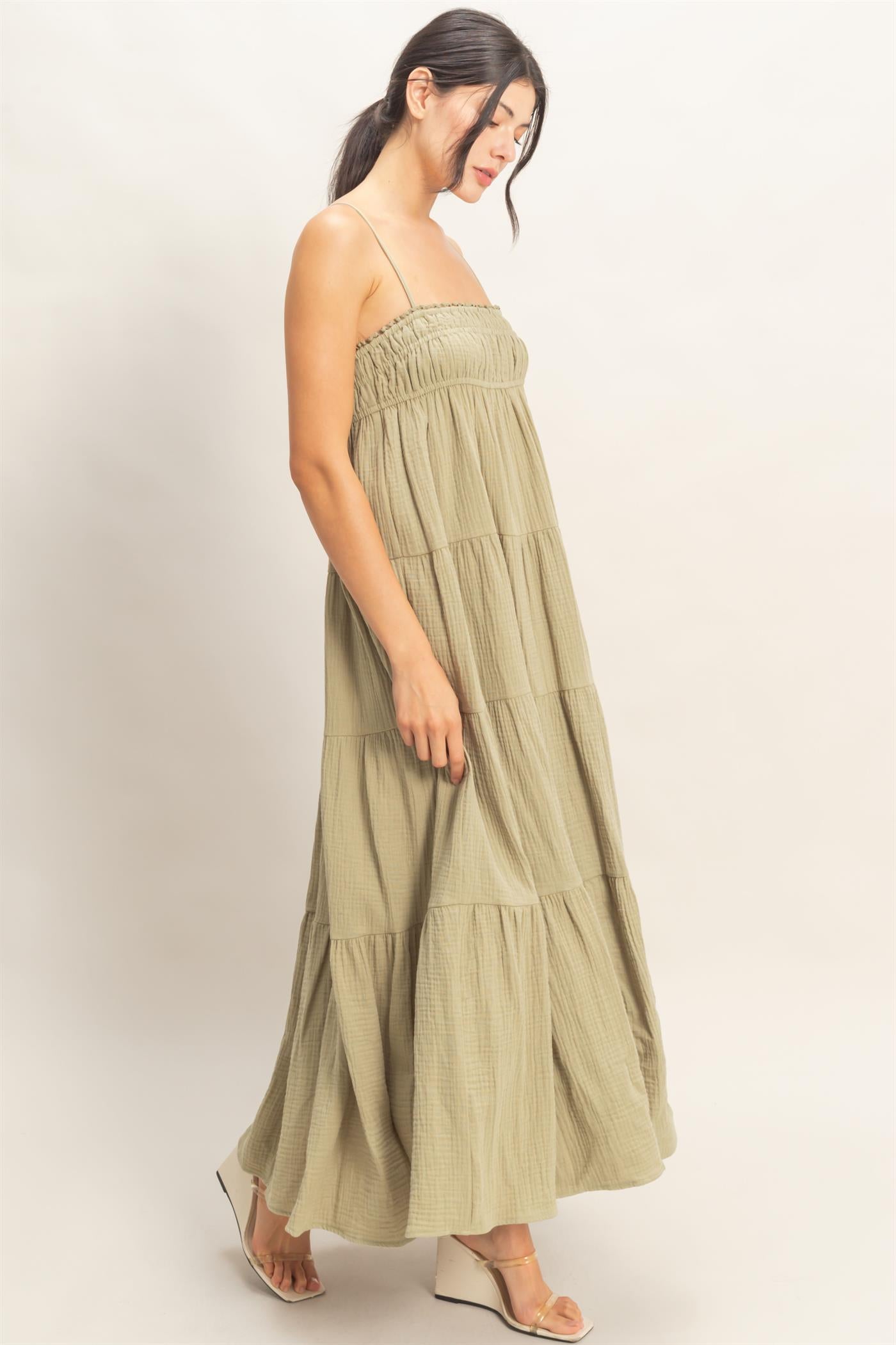 Wholesale Smocked Tiered Maxi Dress Dresses HF26C303 LIGHT OLIVE HYFVE