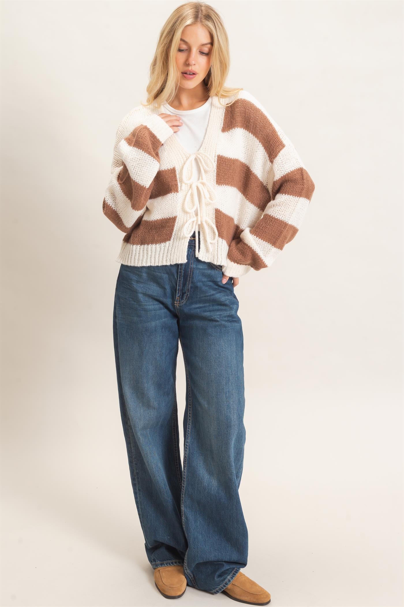 Wholesale Striped V-Neck Sweater Cardigan Cardigans HF26E959 BROWN HYFVE