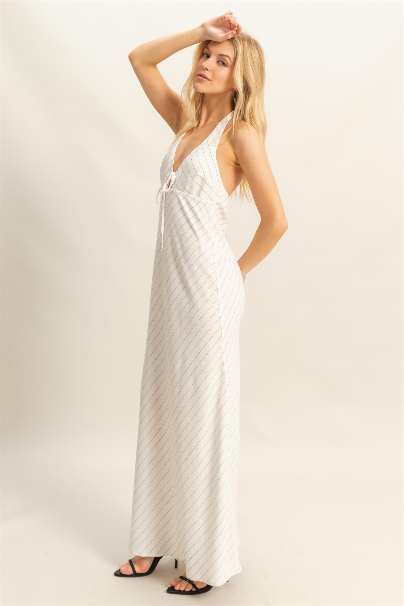 Wholesale Striped Halter Neck Linen Maxi Dress Dresses HF25C373 WHITE HYFVE