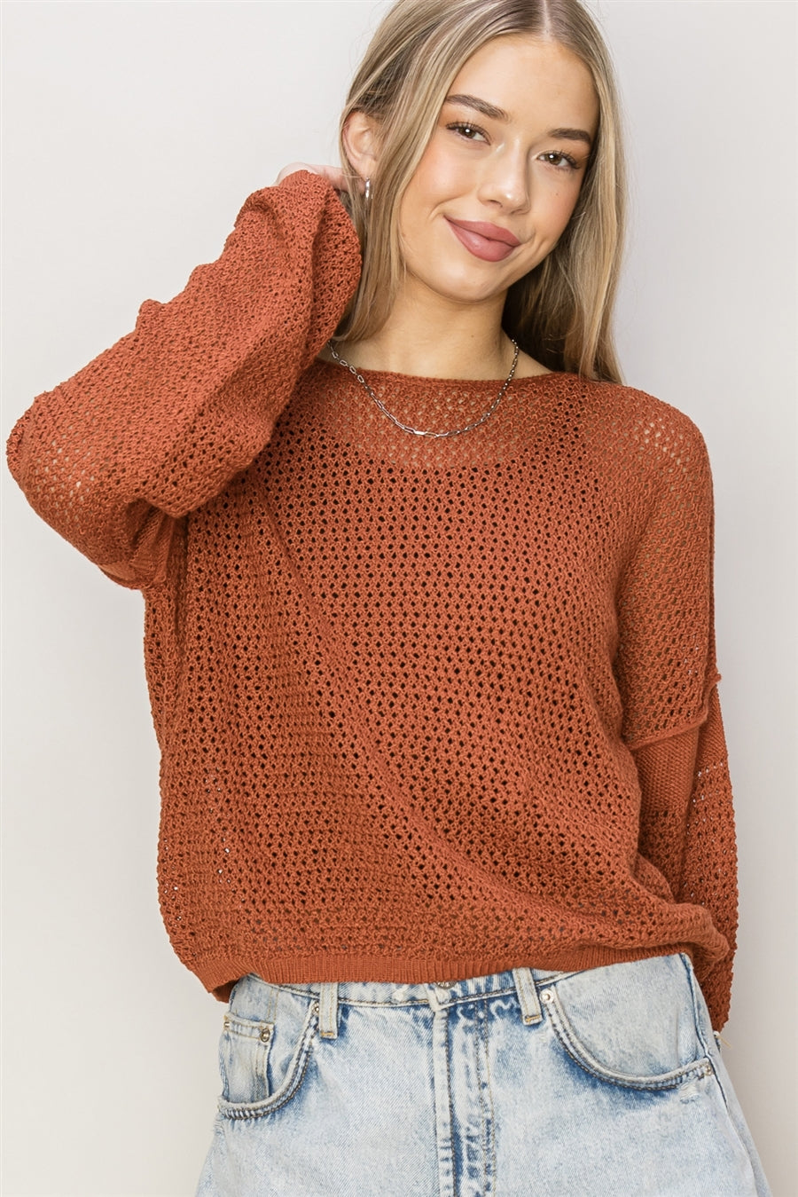 Wholesale Open Knit Drop Shoulder Sweater Clothing Tops DZ24C033 BAKED CLAY DOUBLE ZERO
