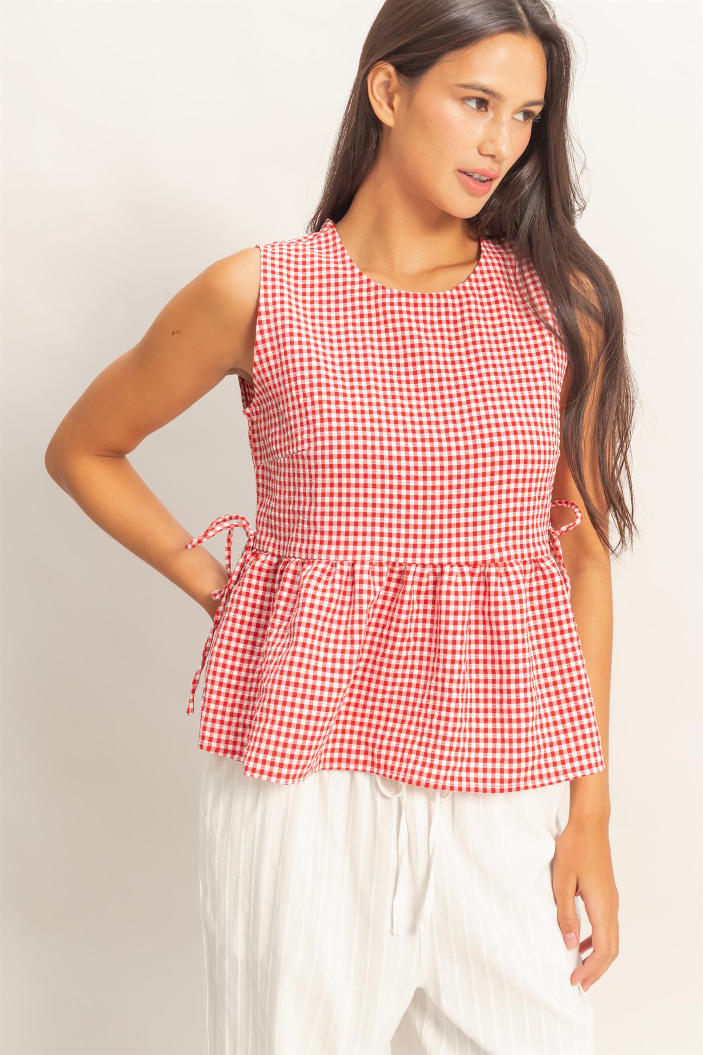 Wholesale Gingham Sleeveless Peplum Top With Side Ties Blouses DZ26C073 RED HYFVE