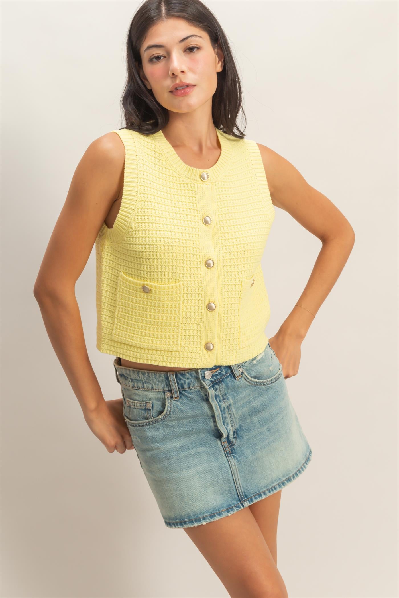 Wholesale Textured Button-Front Vest With Pocket Clothing Tops DZ26A448 PALE YELLOW DOUBLE ZERO