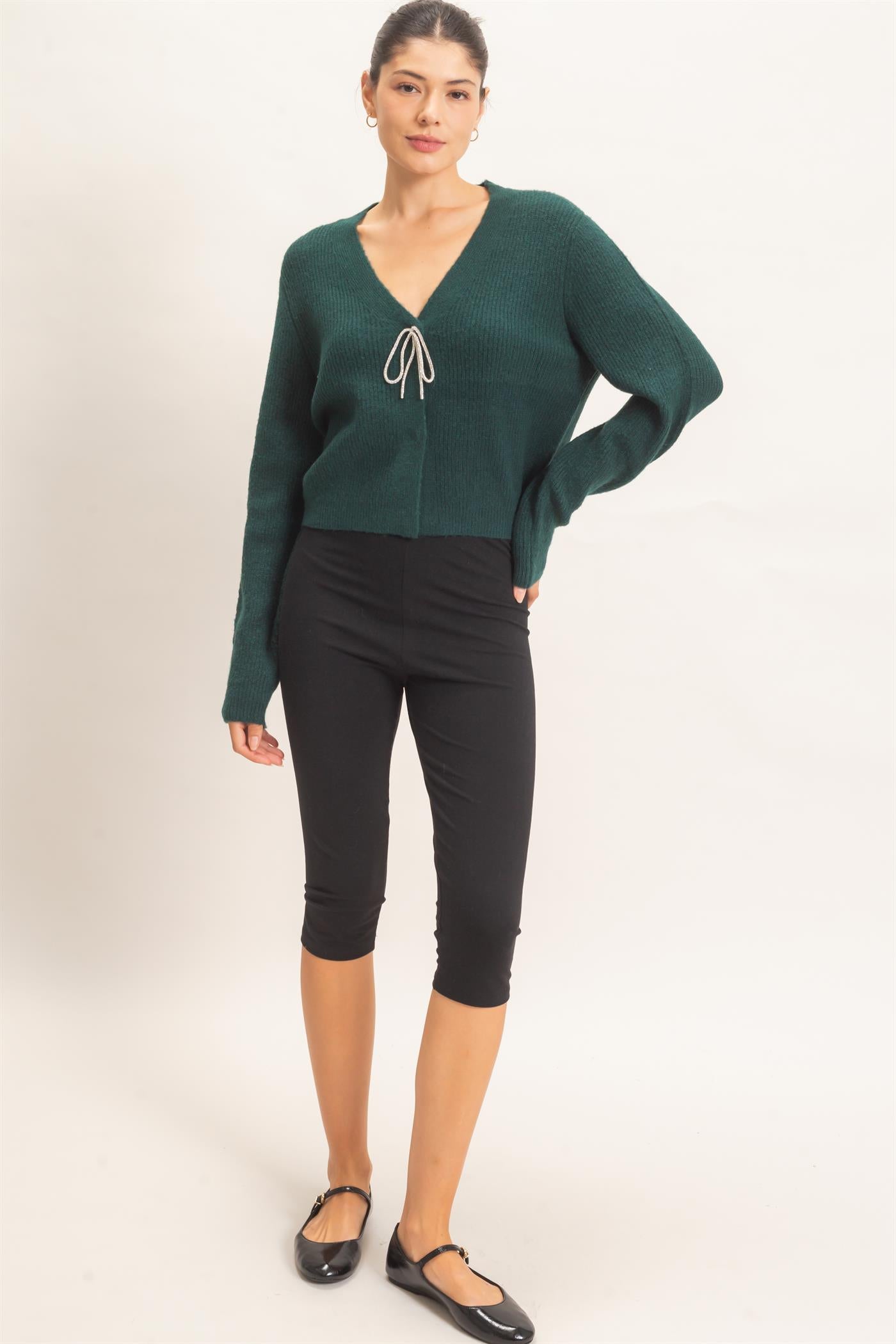 Wholesale Rhinestone Bow Tie-Front Sweater Cardigans HF26F183-D D.GREEN HYFVE