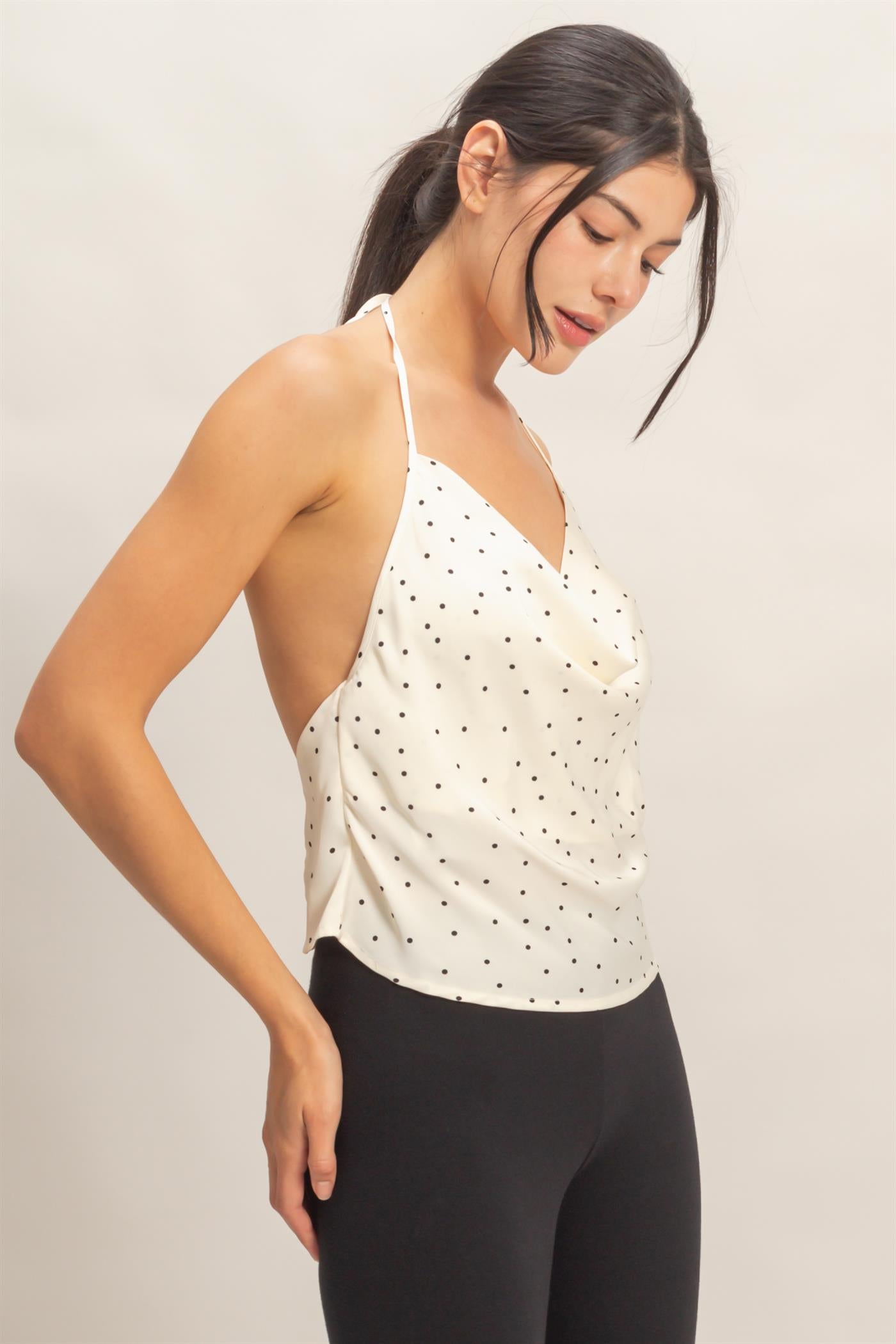 Wholesale Polka Dot Cowl Neck Halter Top Clothing Tops HF26C525 IVORY HYFVE