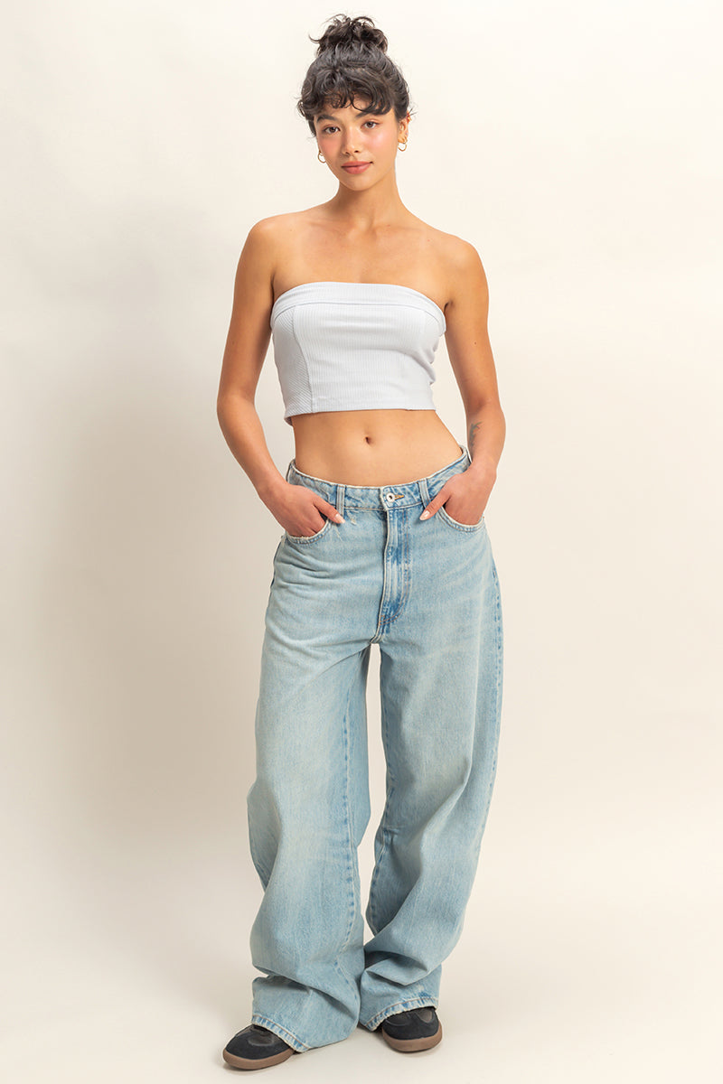 Wholesale Strapless Ribbed Crop Top Clothing Tops DZ23E512 ARCTIC BLUE DOUBLE ZERO