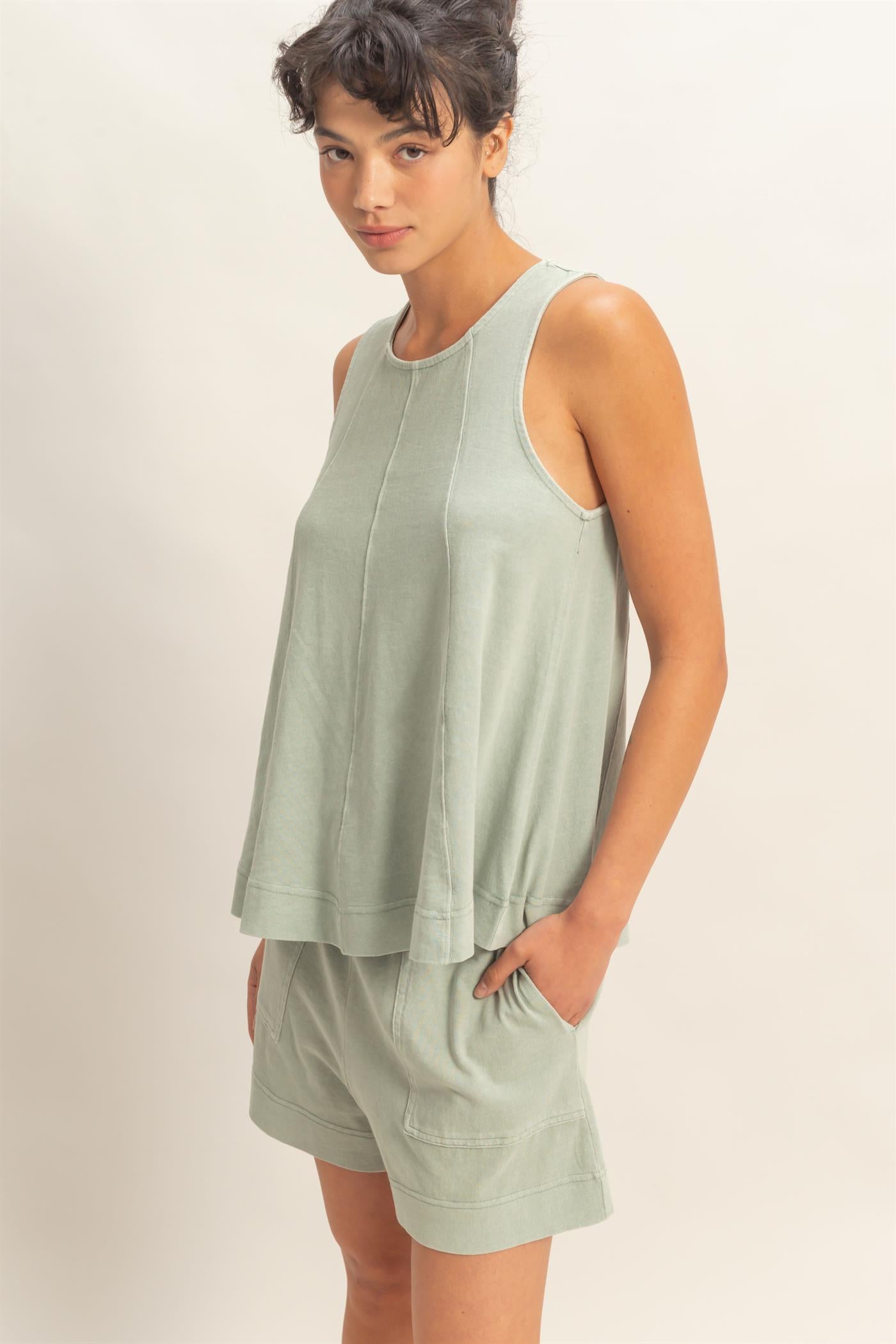 Wholesale Sleeveless Round Neck Top & Shorts Set Clothing DZ26C730-SET SAGE GREEN DOUBLE ZERO