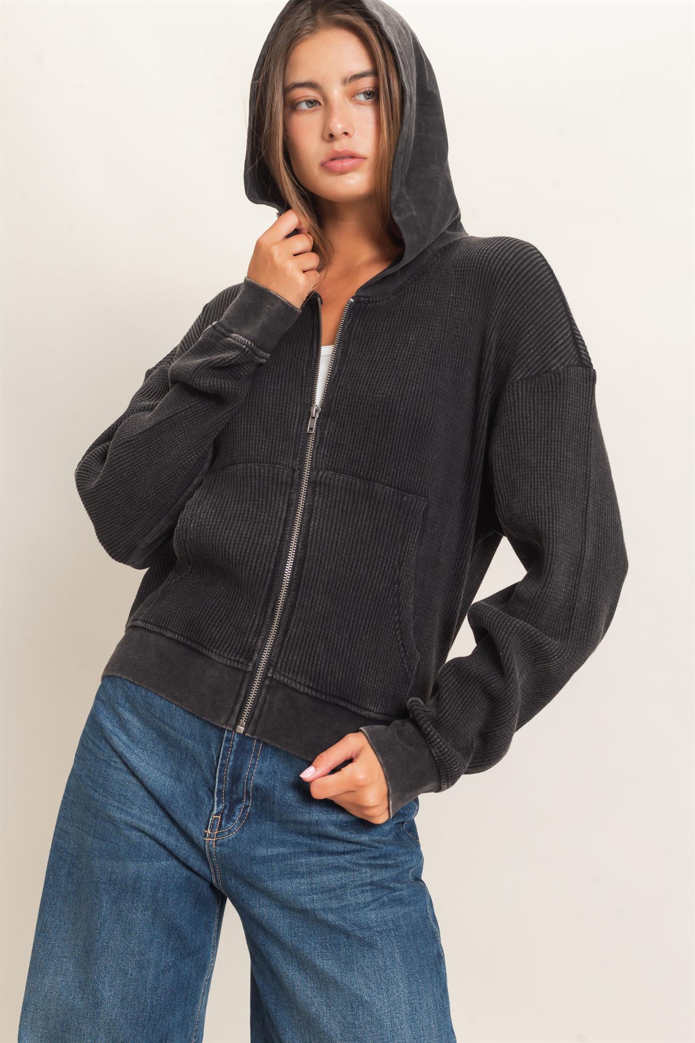 Wholesale Acid Wash Waffle Knit Zip-Up Hoodie Hoodies DZ26E401 BLACK DOUBLE ZERO