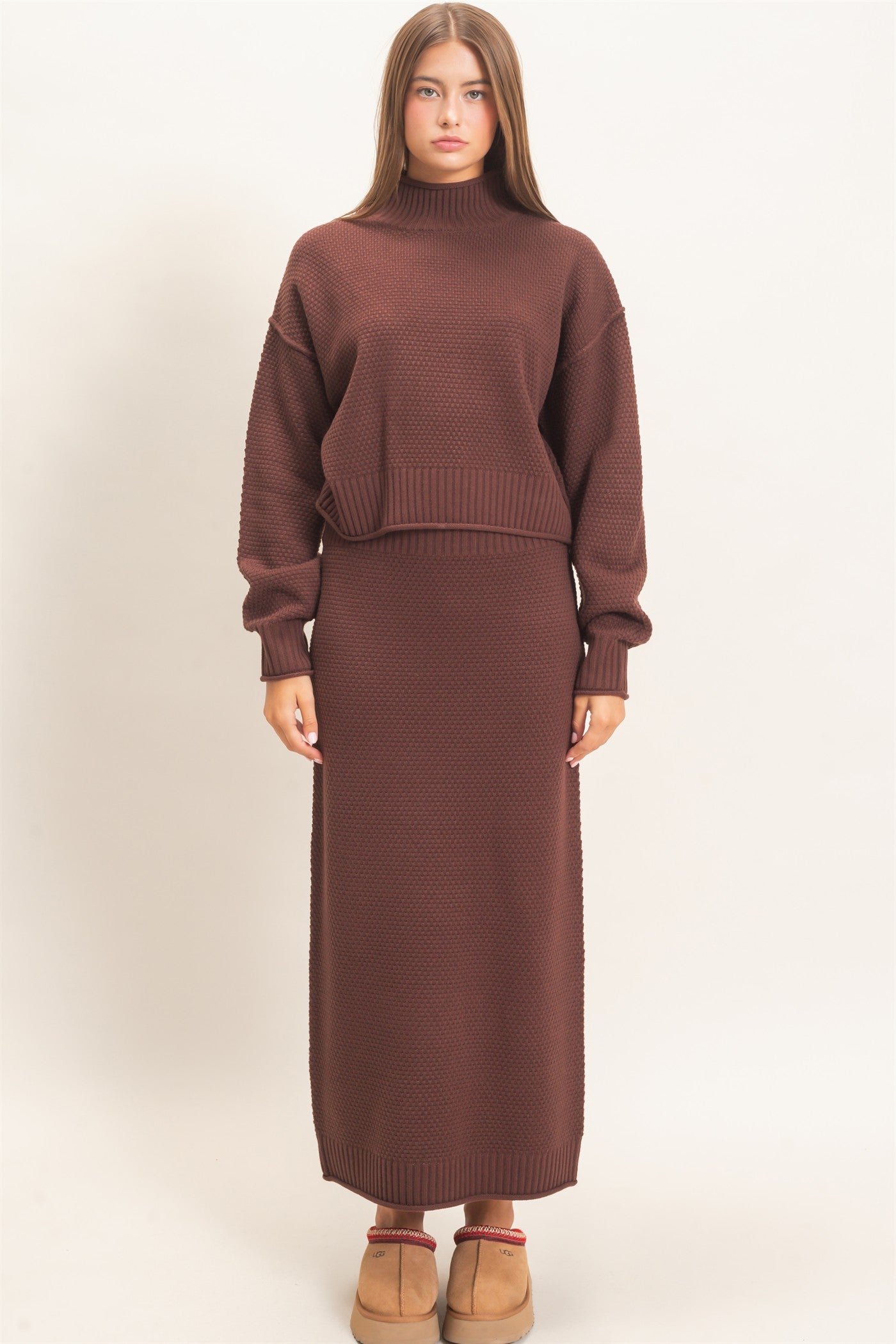Wholesale High Neck Long Sleeve Top & Maxi Skirt Set Clothing DZ26E272-SET DARK BROWN DOUBLE ZERO