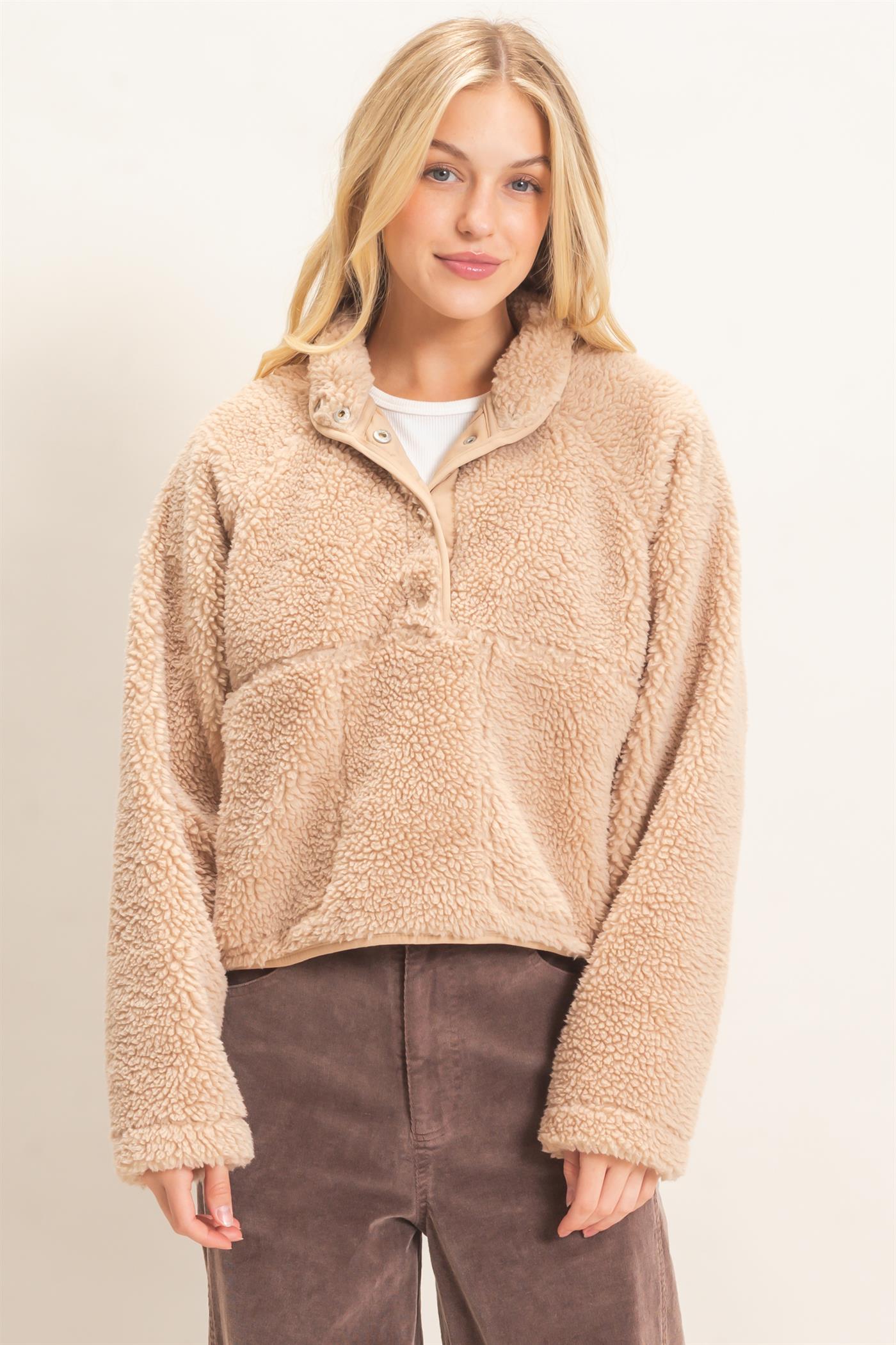 Wholesale Half-Zip Sherpa Jacket Sweatshirts HF26F130-D BEIGE HYFVE