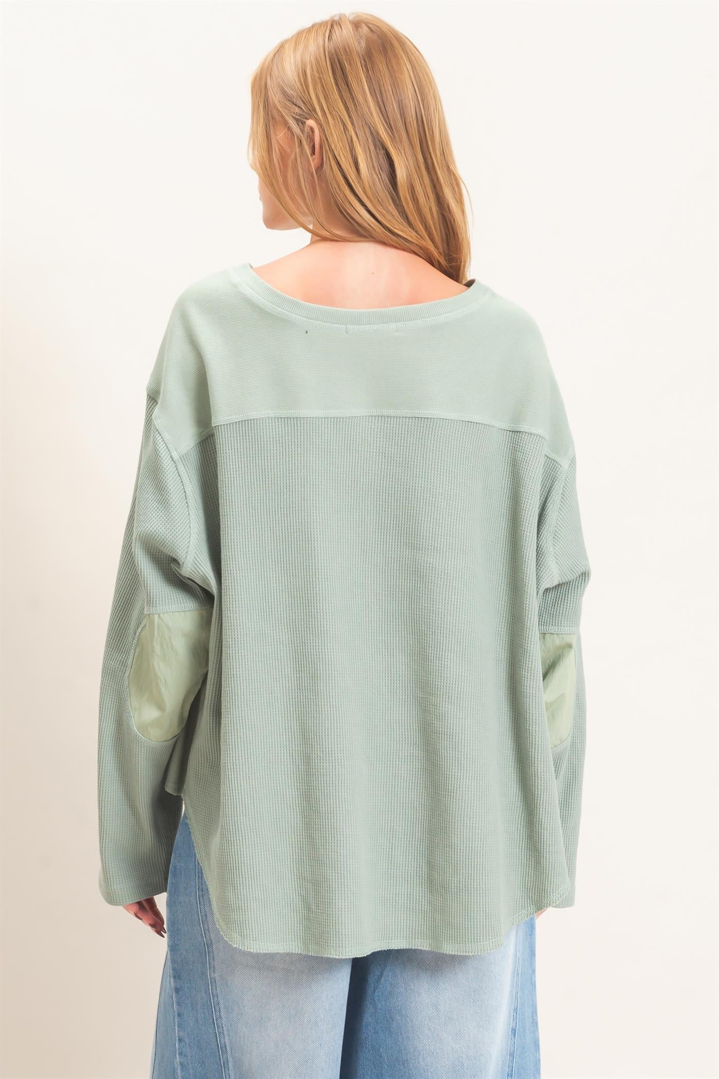 Wholesale Waffle Knit Crew Neck Top Clothing Tops HF26E078 SAGE HYFVE