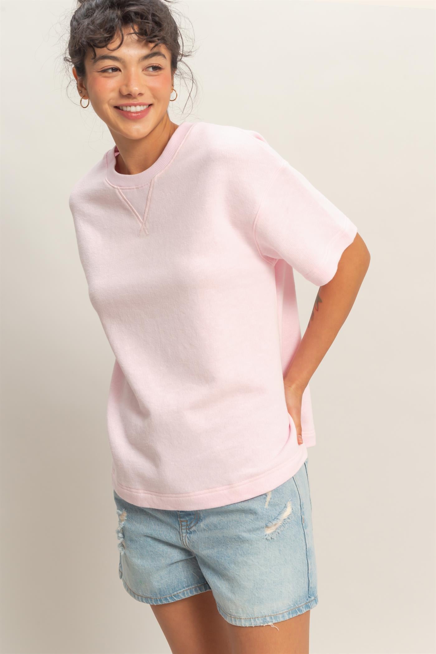 Wholesale Crew Neck Short Sleeve Top Clothing Tops DZ26A891 SOFT PINK DOUBLE ZERO