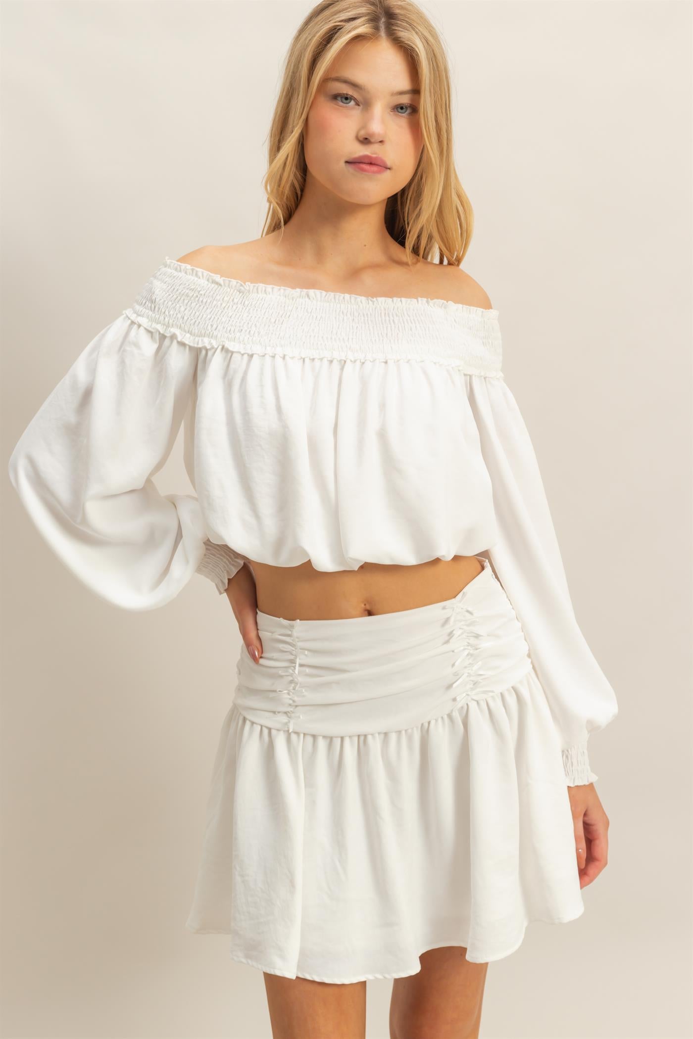 Wholesale Romantic Off Shoulder Top And Gathered Skirt Set Clothing HF25A243-SET OFF WHITE HYFVE