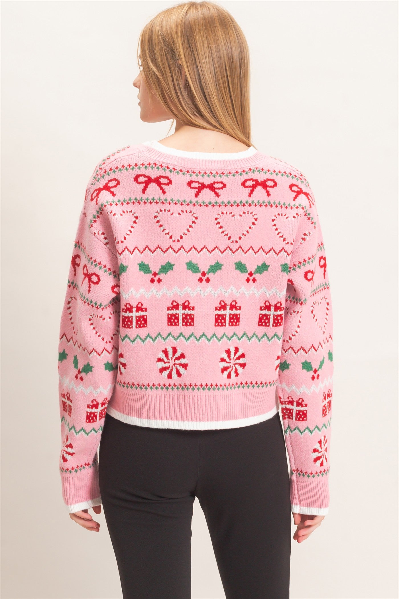 Wholesale Holiday Jacquard V-Neck Cardigan Cardigans HF26E919 PINK HYFVE