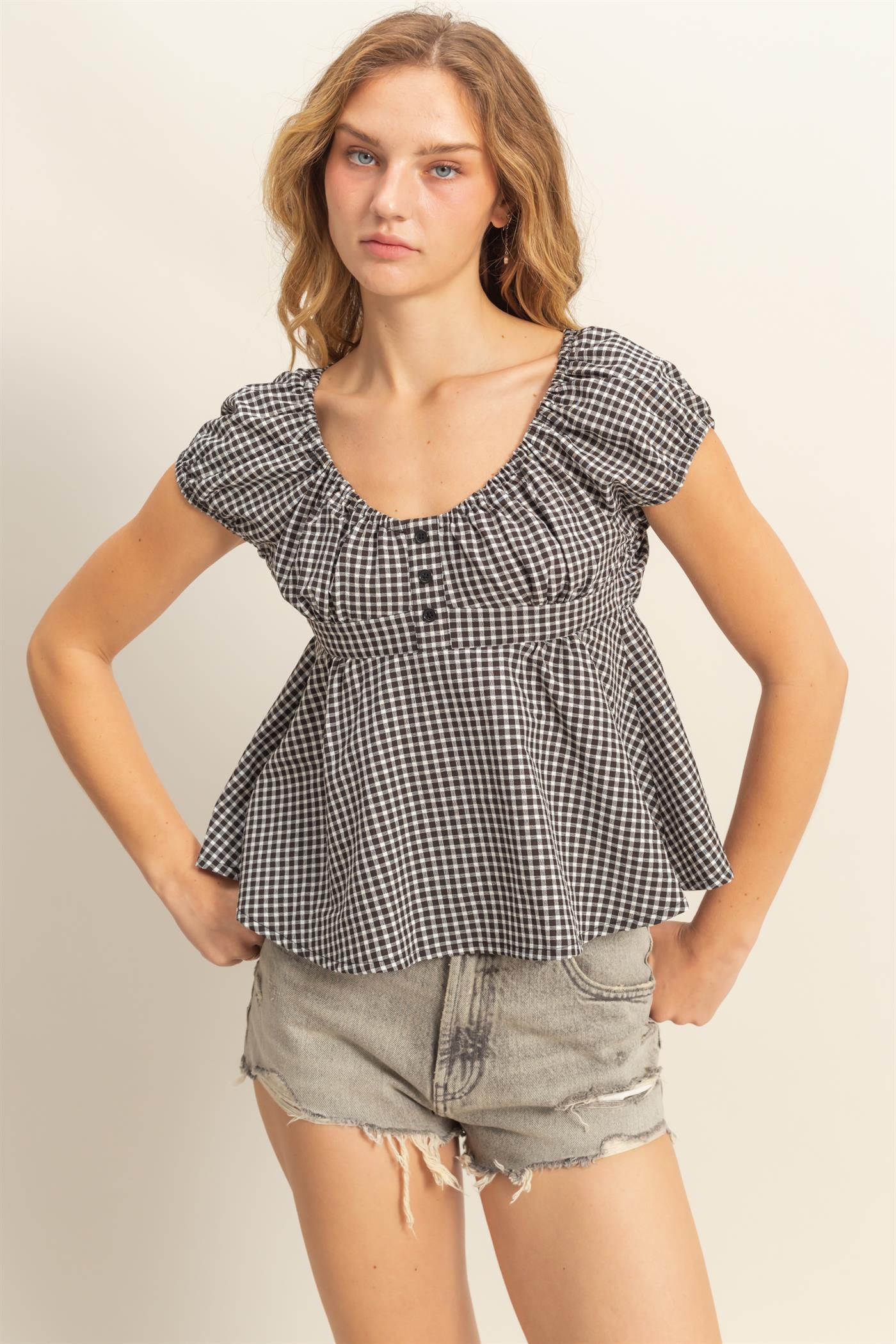 Wholesale Gingham Scoop Neck Cap Sleeve Blouse Blouses DZ25C042 BLACK DOUBLE ZERO