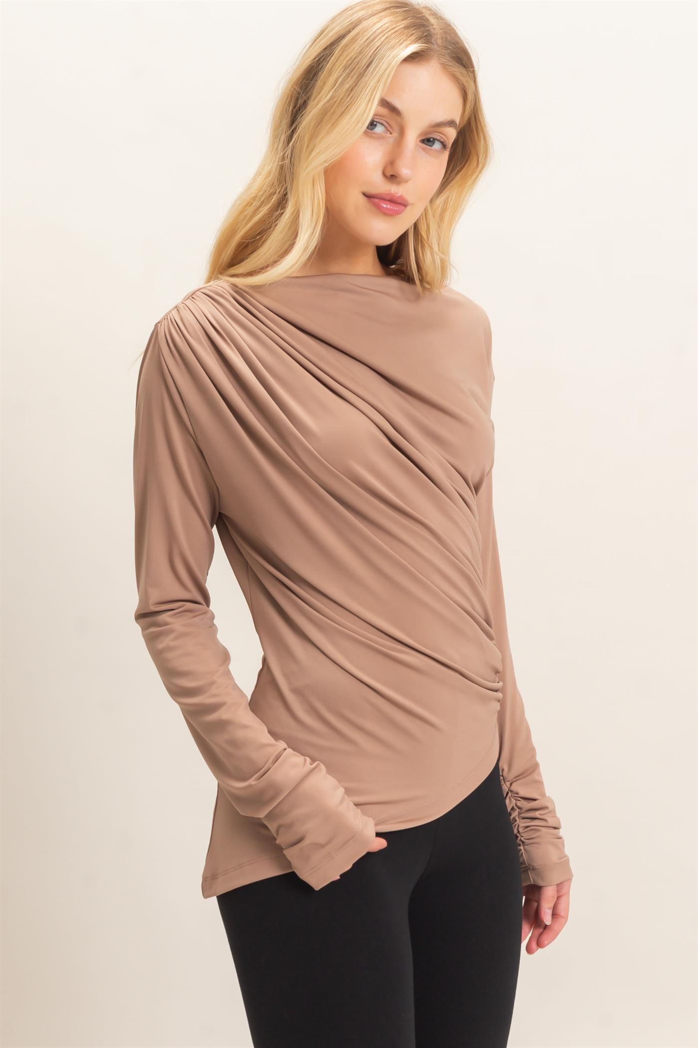 Wholesale Asymmetrical Ruched Long Sleeve Top Clothing Tops HF26C683 DARK TAUPE HYFVE