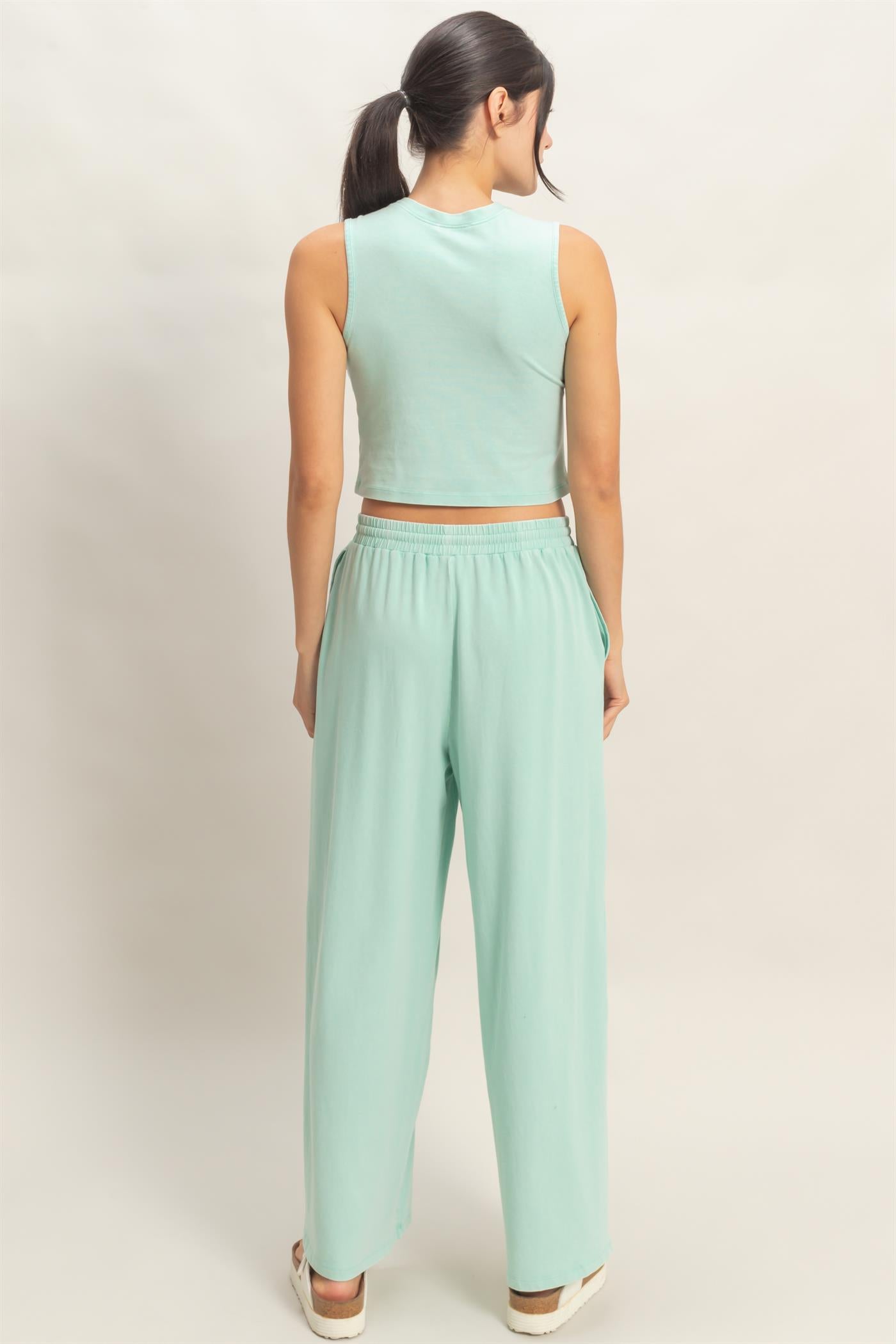 Wholesale Mineral Washed Sleeveless Top & Wide Leg Pants Set Clothing DZ26A371-SET TURQUOISE DOUBLE ZERO
