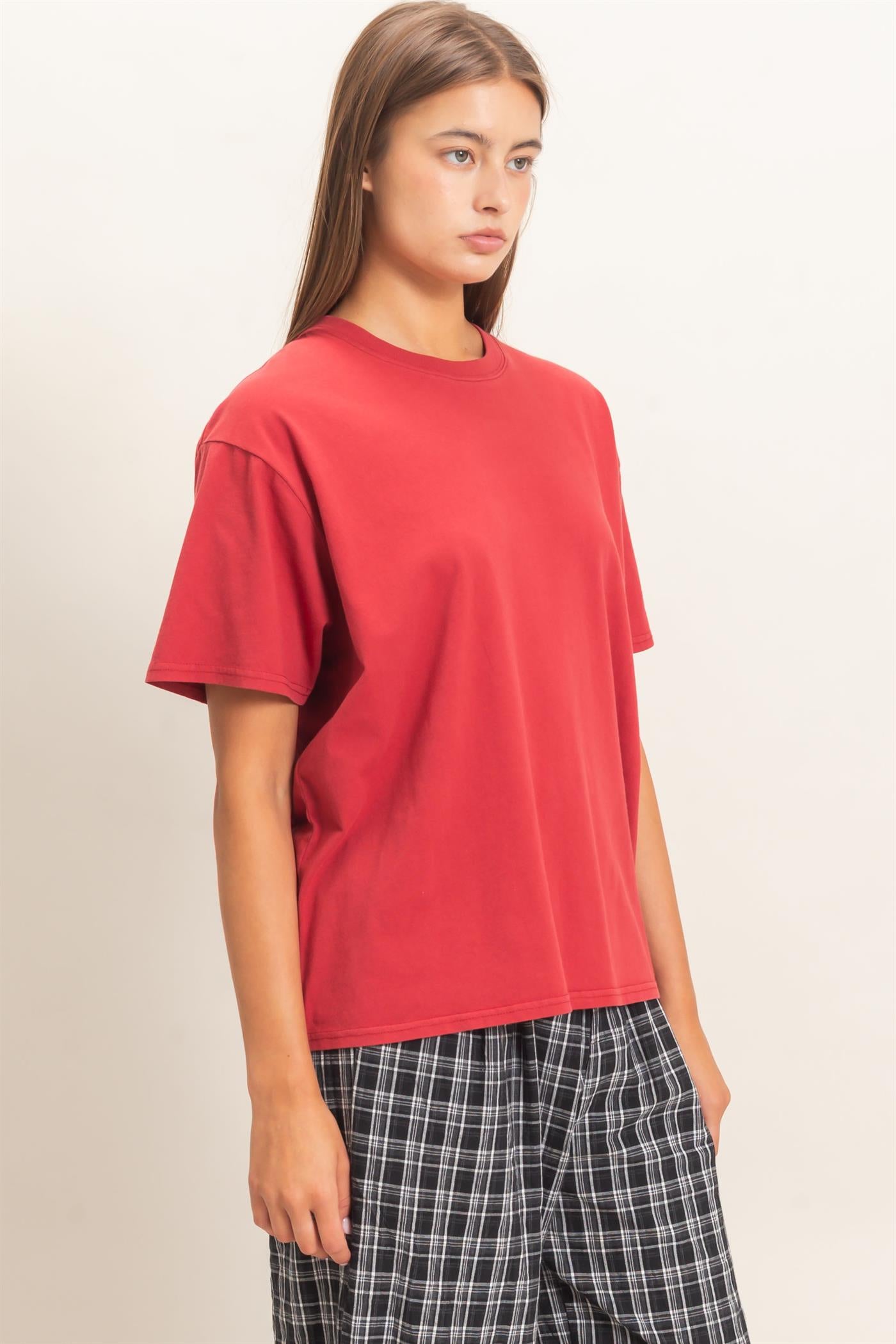 Wholesale Crew Neck Pigment Dye T-Shirt Clothing Tops DZ26E448 DARK RED DOUBLE ZERO