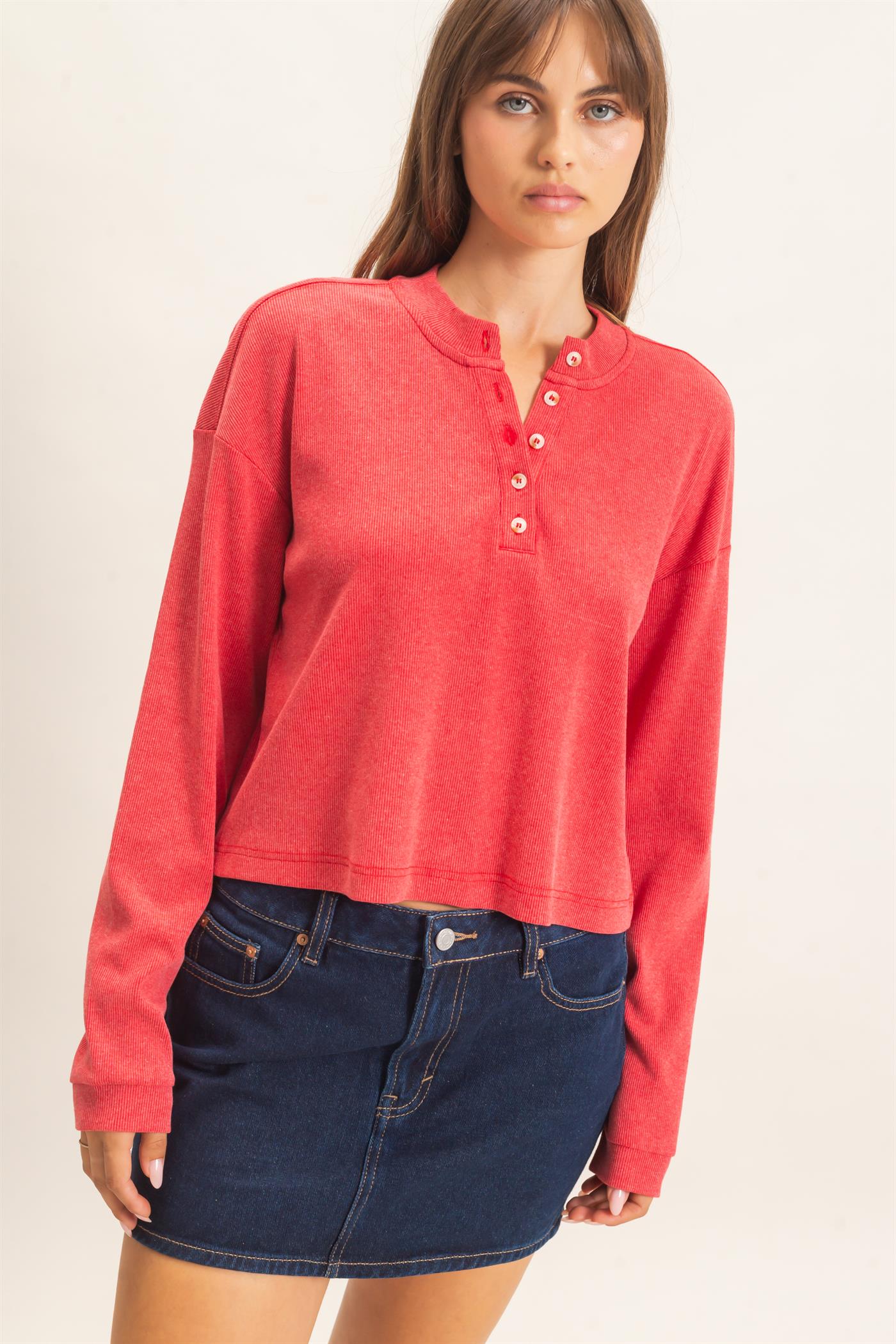Wholesale Buttoned Henley Top Clothing Tops HF26F081 RED HYFVE