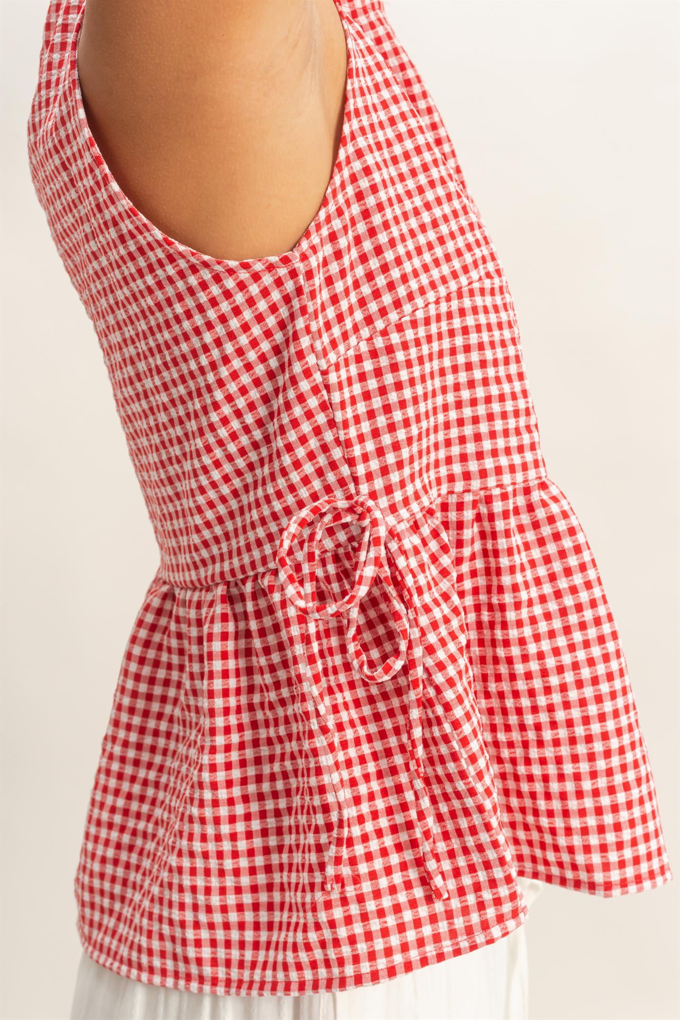 Wholesale Gingham Sleeveless Peplum Top With Side Ties Blouses DZ26C073 RED HYFVE