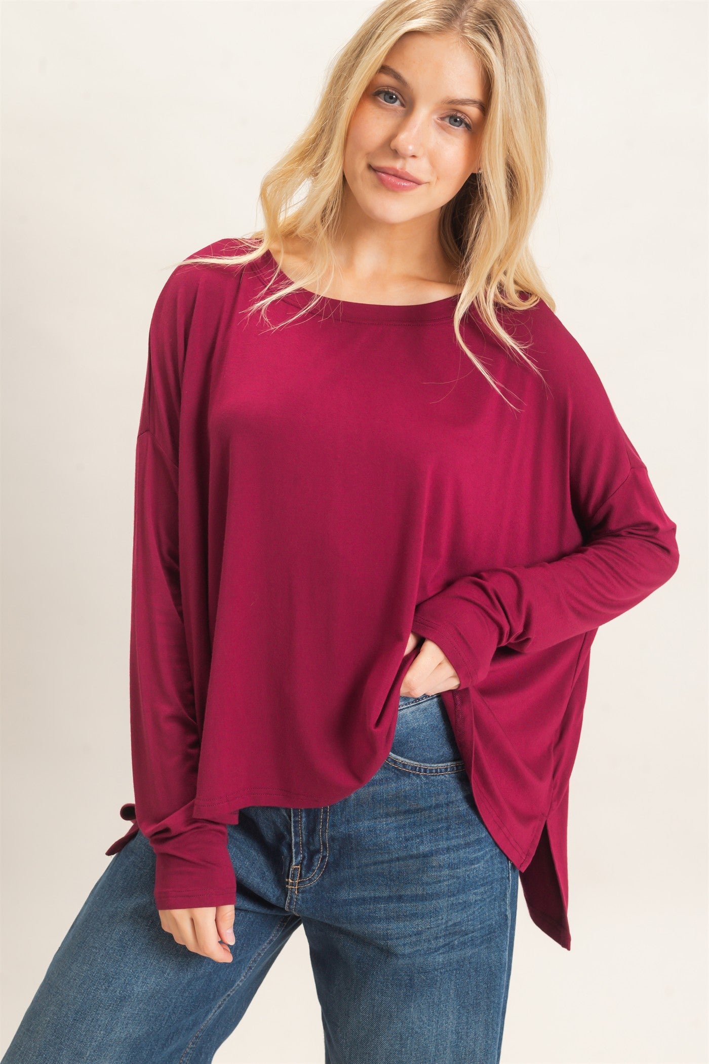 Wholesale Boat Neck Boxy Top Clothing Tops HF26F298 BURGUNDY HYFVE