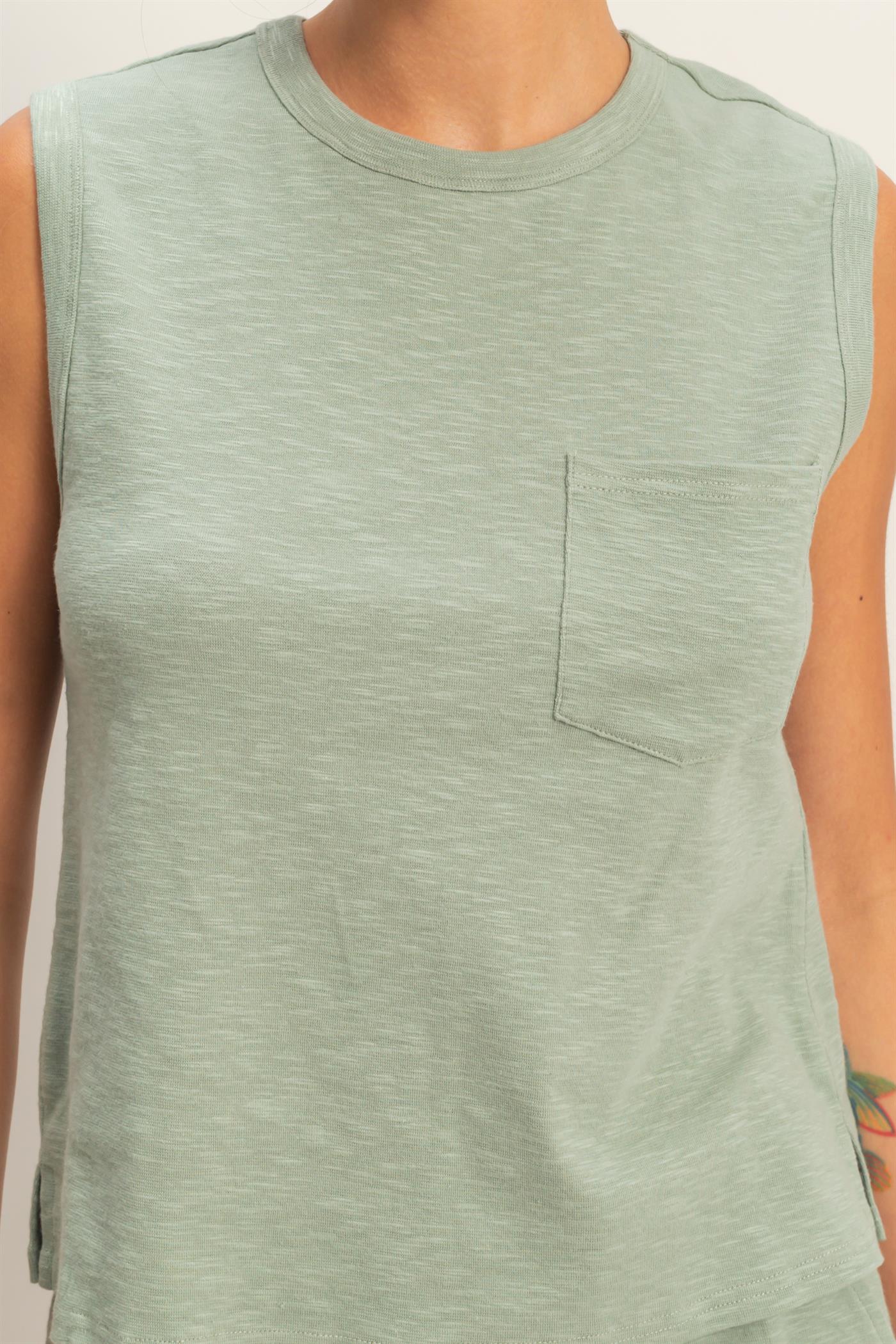 Wholesale Sleeveless Cotton Top With Pocket Clothing Tops DZ26A234 SAGE GREEN DOUBLE ZERO
