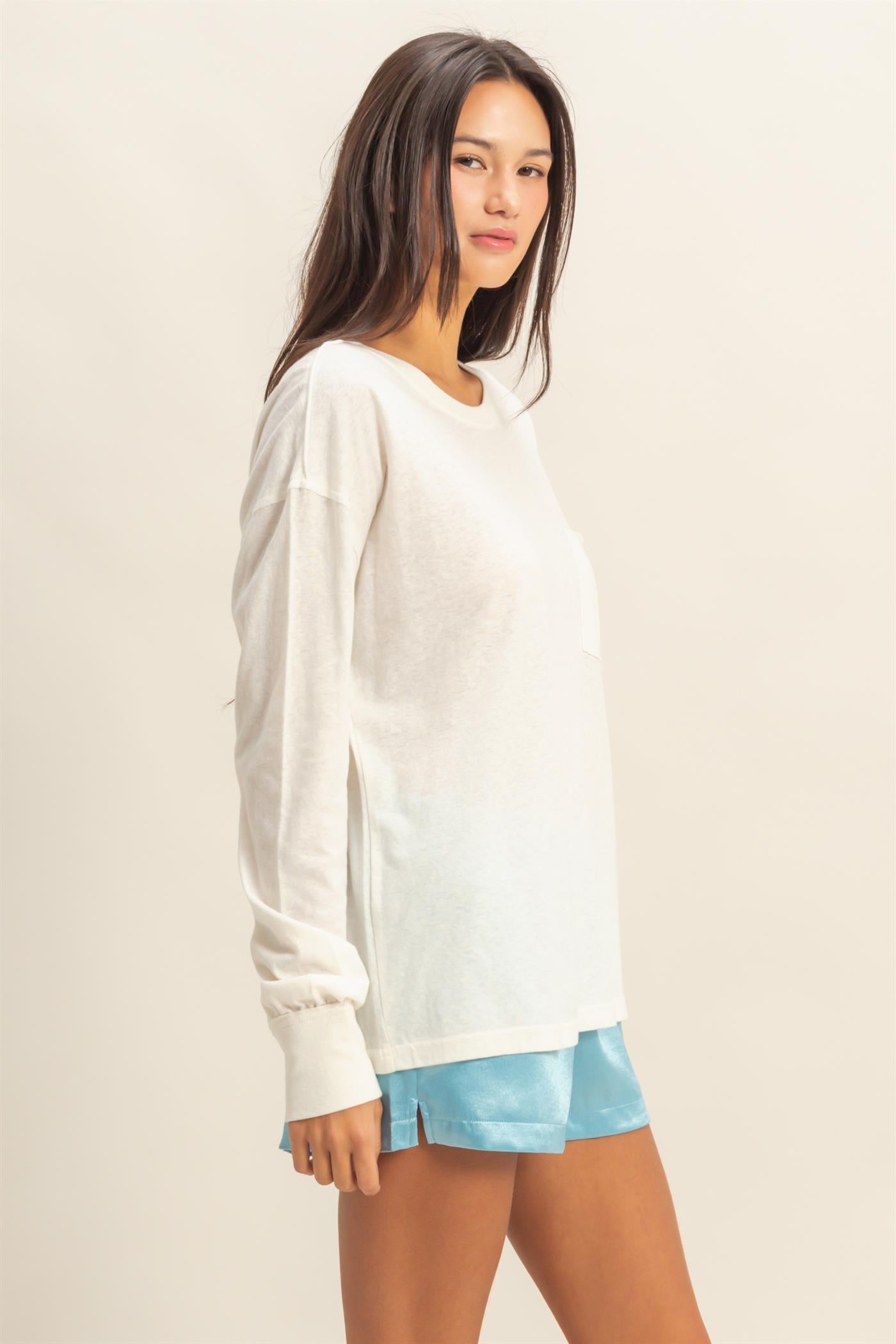Wholesale Long Sleeve Pocket T-Shirt Clothing Tops DZ23G149 CREAM DOUBLE ZERO
