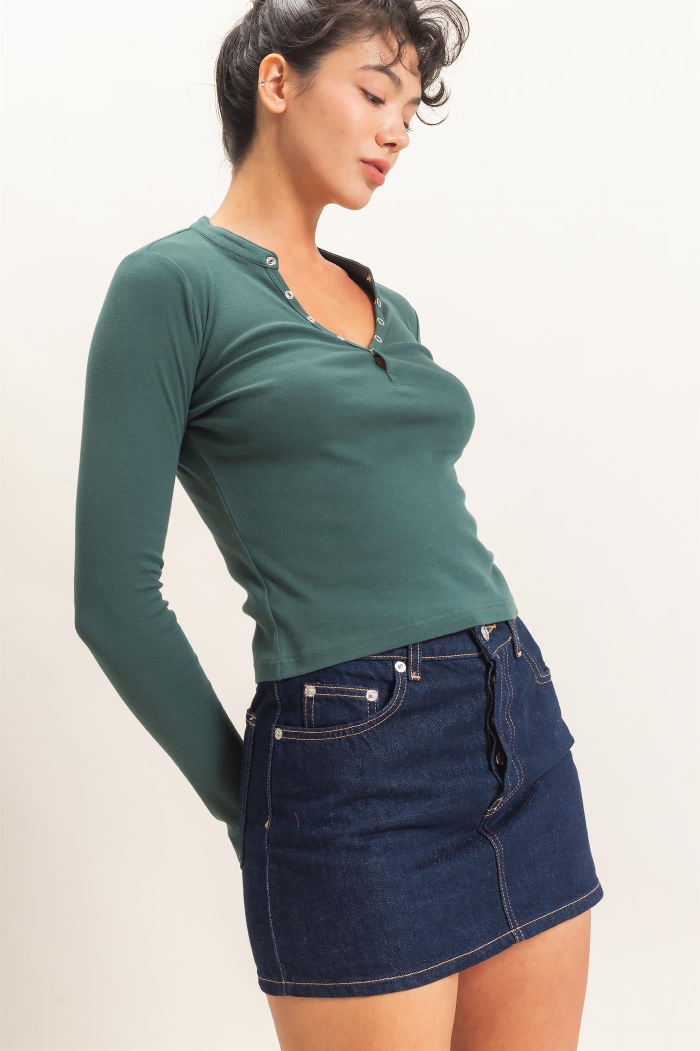 Wholesale Long Sleeve Henley Top Clothing Tops DZ26E865 DARK GREEN DOUBLE ZERO