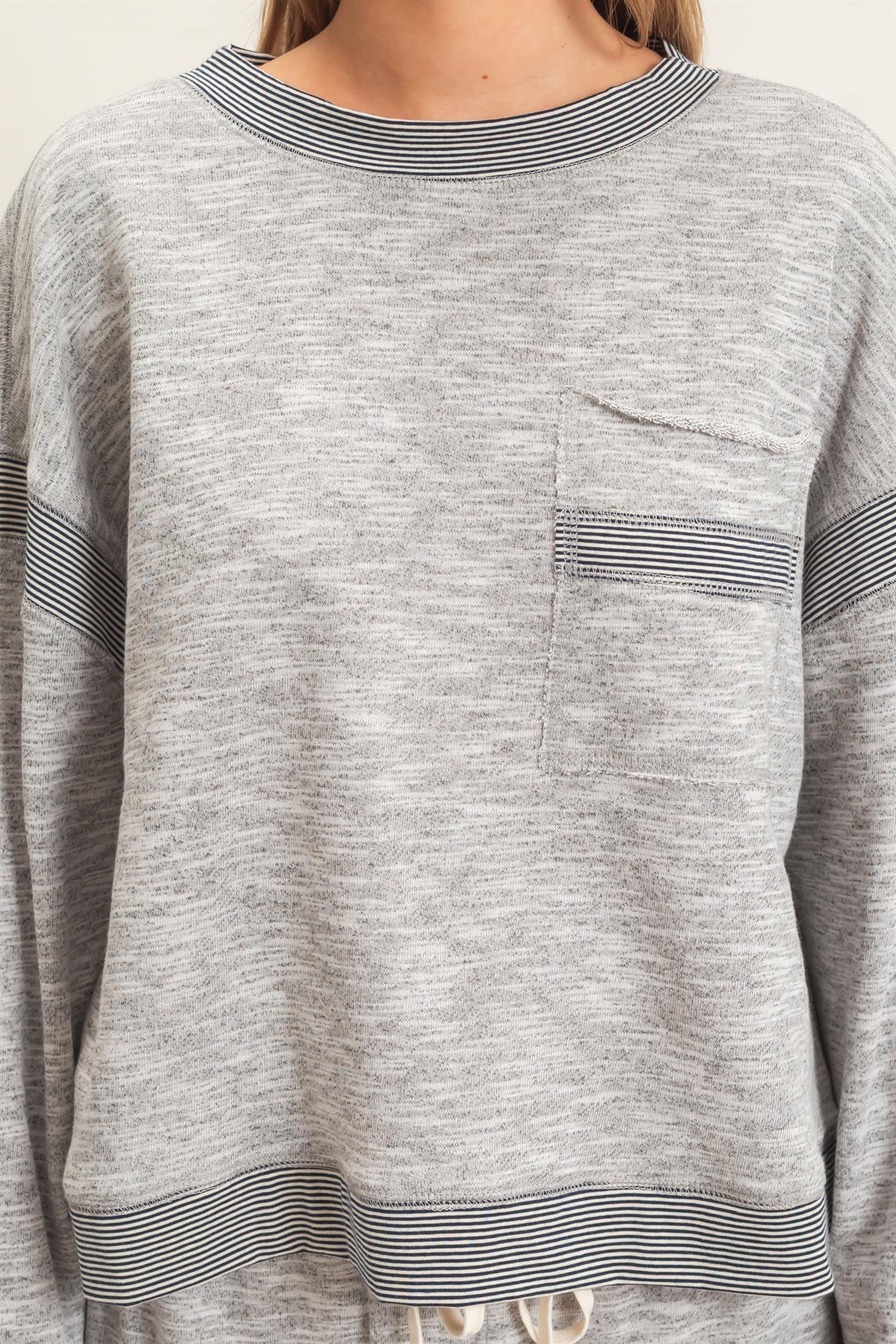 Wholesale Striped Trim Pocket Sweatshirt Sweatshirts HF26E557 HEATHER GRAY HYFVE