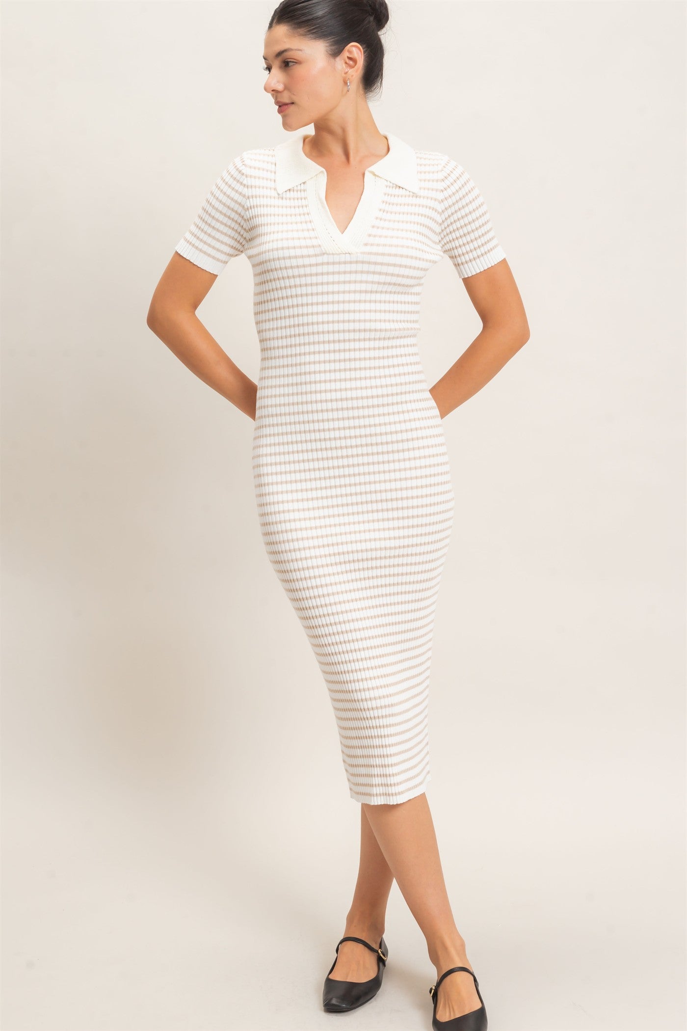 Wholesale Ribbed Collared Midi Dress Dresses HF26E216 CREAM HYFVE