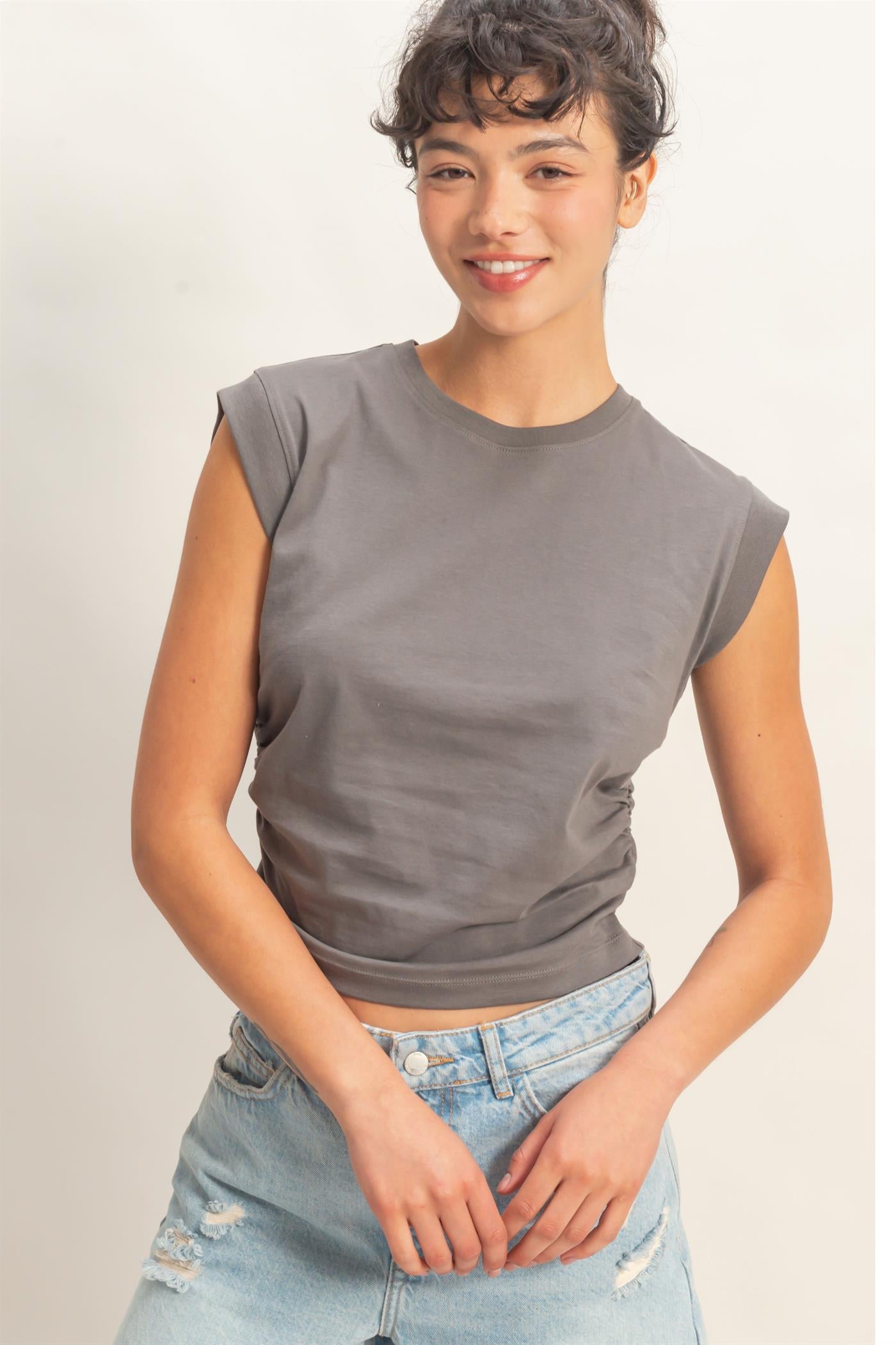Wholesale Ruched Waist Sleeveless Cotton Top Clothing Tops DZ26C520 CHARCOAL DOUBLE ZERO
