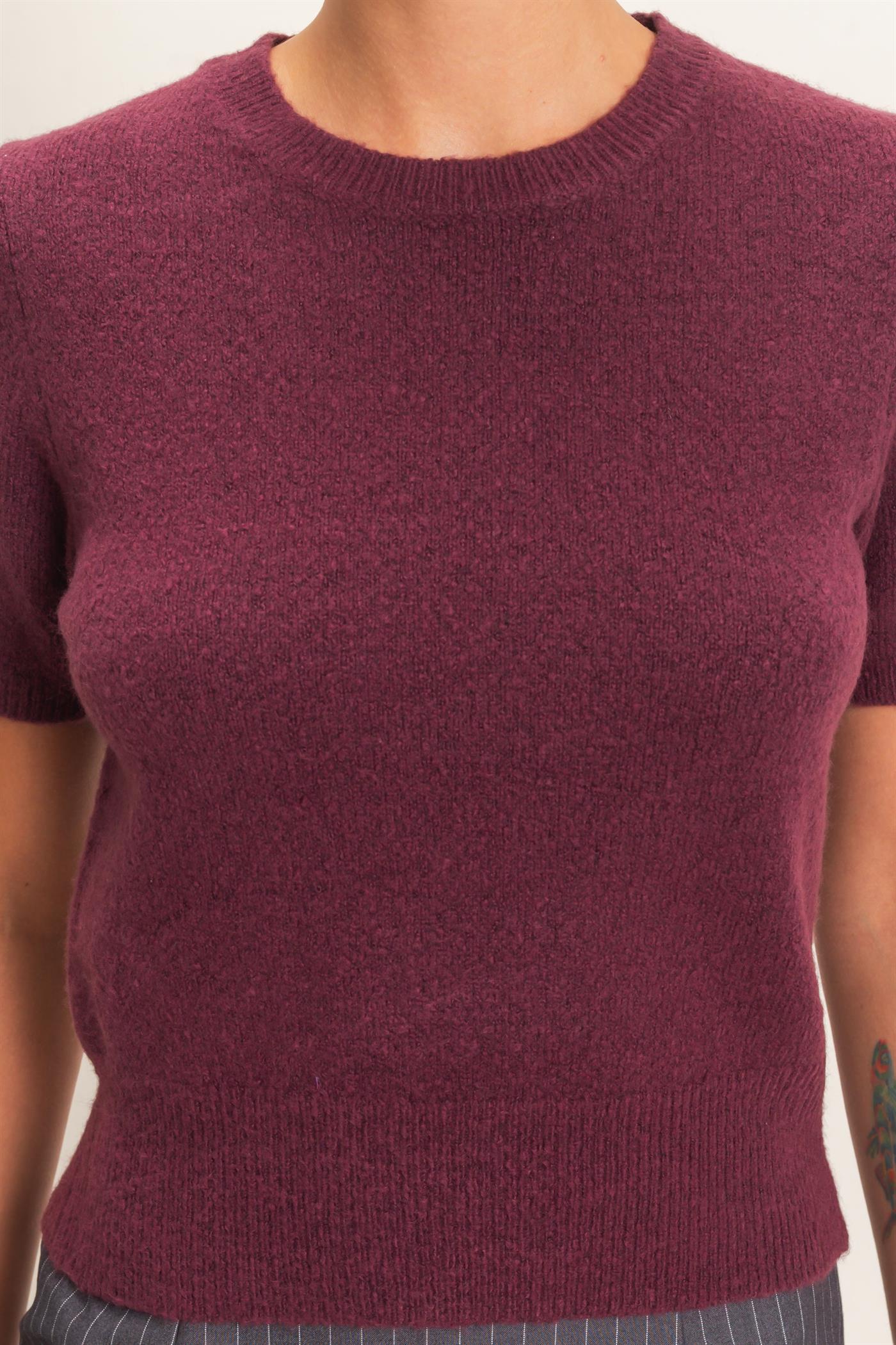 Wholesale Crew Neck Short Sleeve Knit Top Clothing Tops DZ26E944 DARK CHERRY DOUBLE ZERO