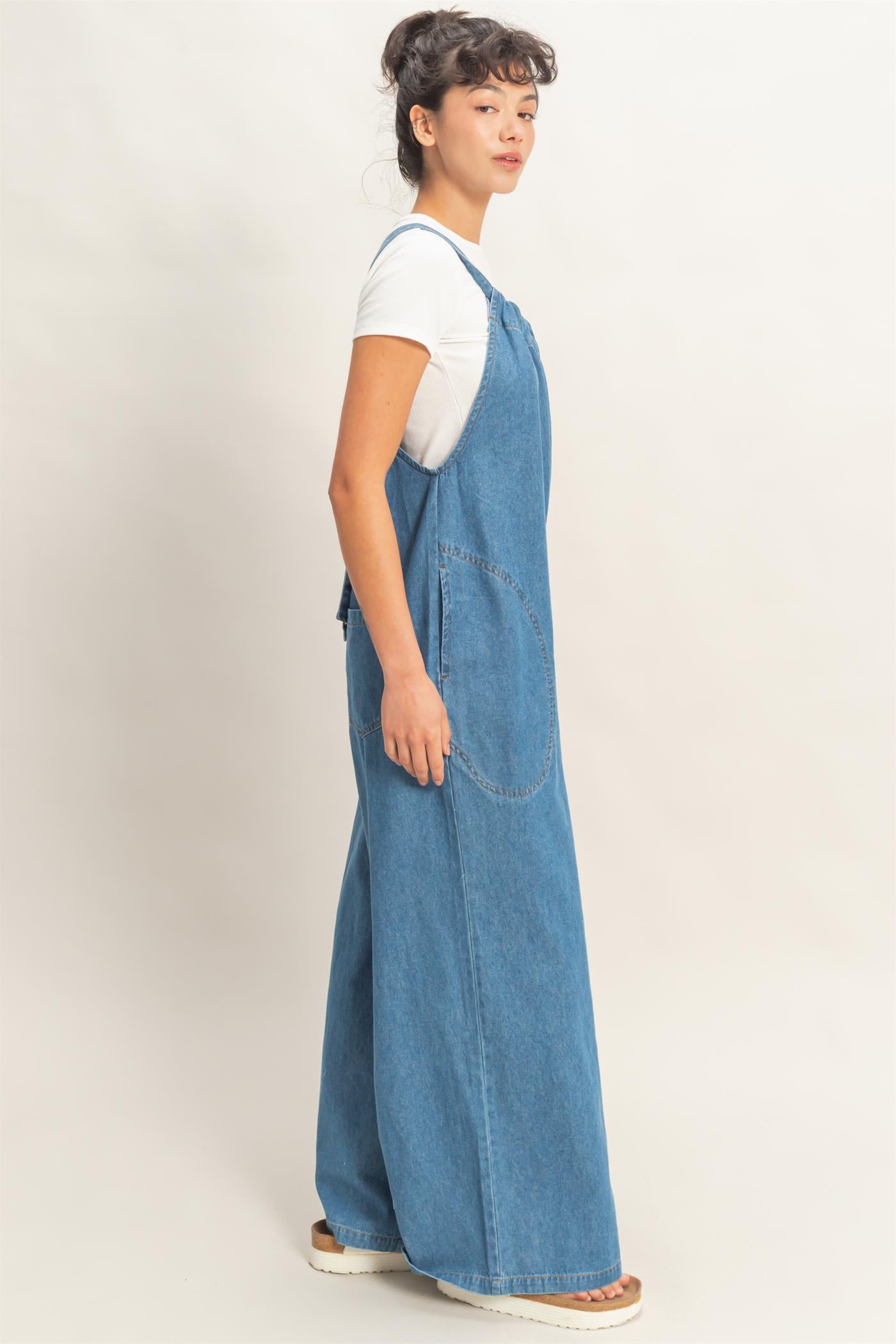 Wholesale Denim Adjustable Strap Jumpsuit Clothing DZ26C414 MEDIUM BLUE DOUBLE ZERO