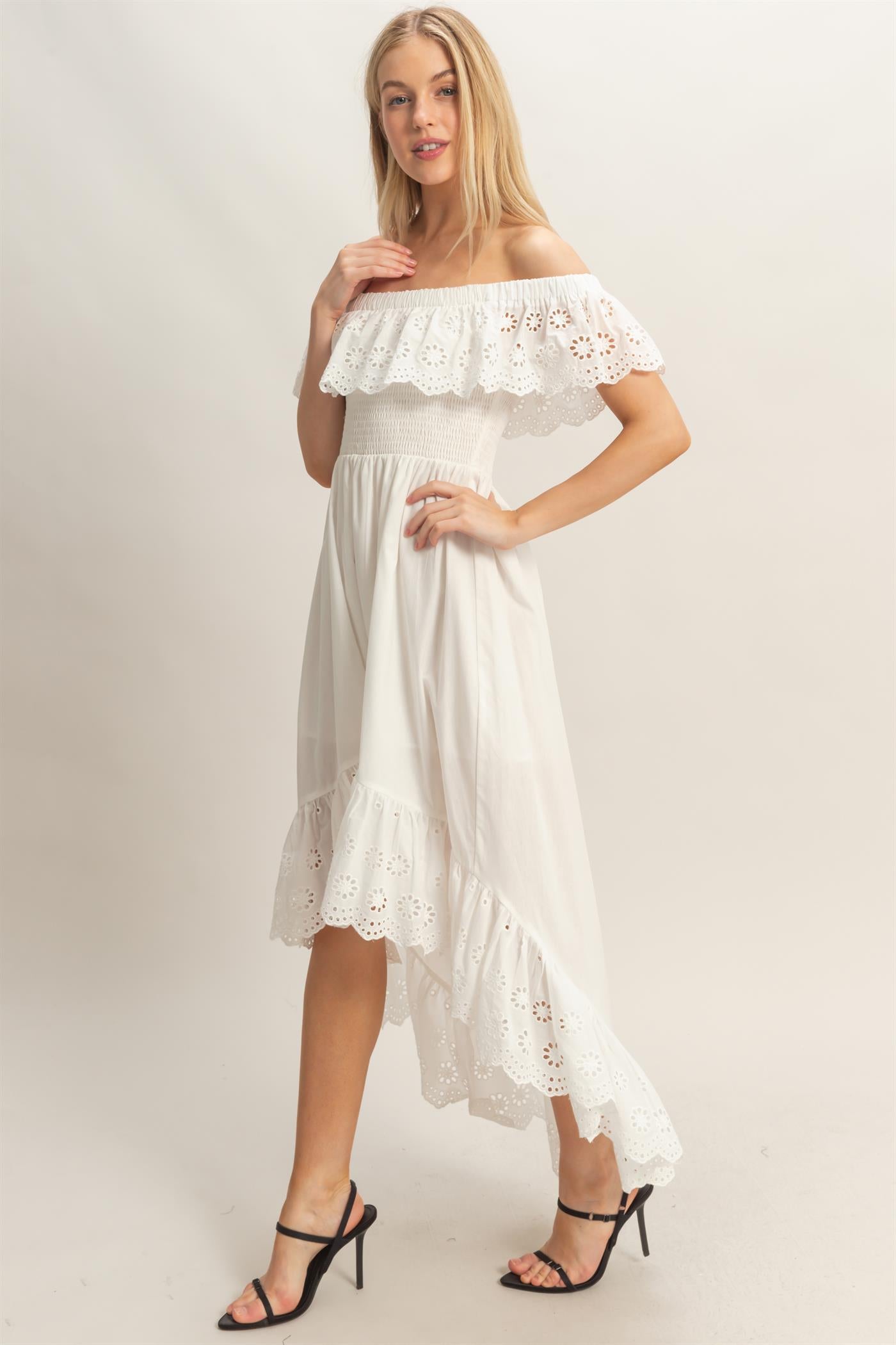 Wholesale Off Shoulder Smocked Dress Dresses HF26C305 WHITE HYFVE