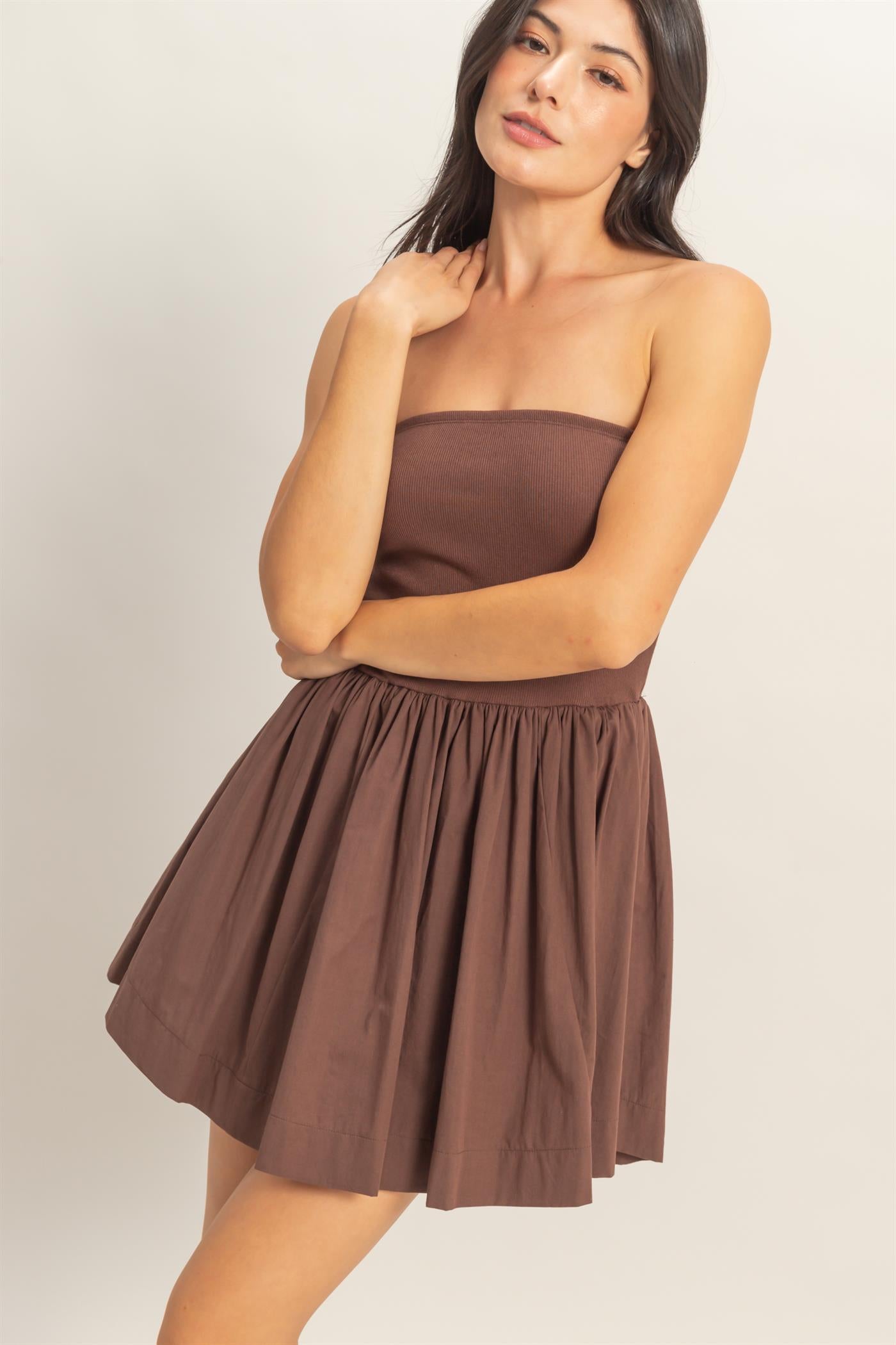 Wholesale Strapless Flowy Mini Dress Dresses DZ26C043 CHOCOLATE DOUBLE ZERO