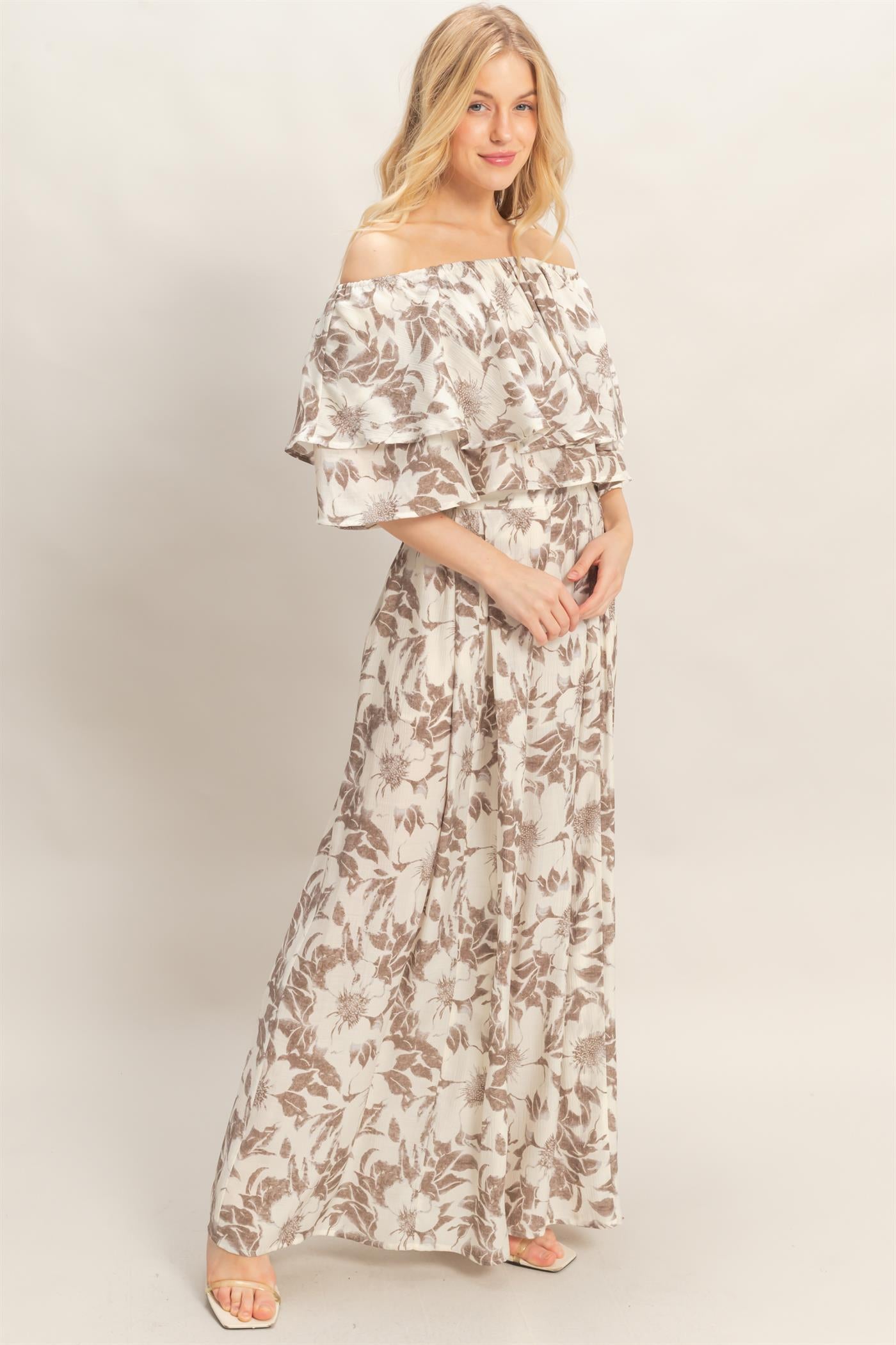 Wholesale Floral Off-Shoulder Top & Pants Set Clothing Tops HF26C832-SET CHARCOAL HYFVE