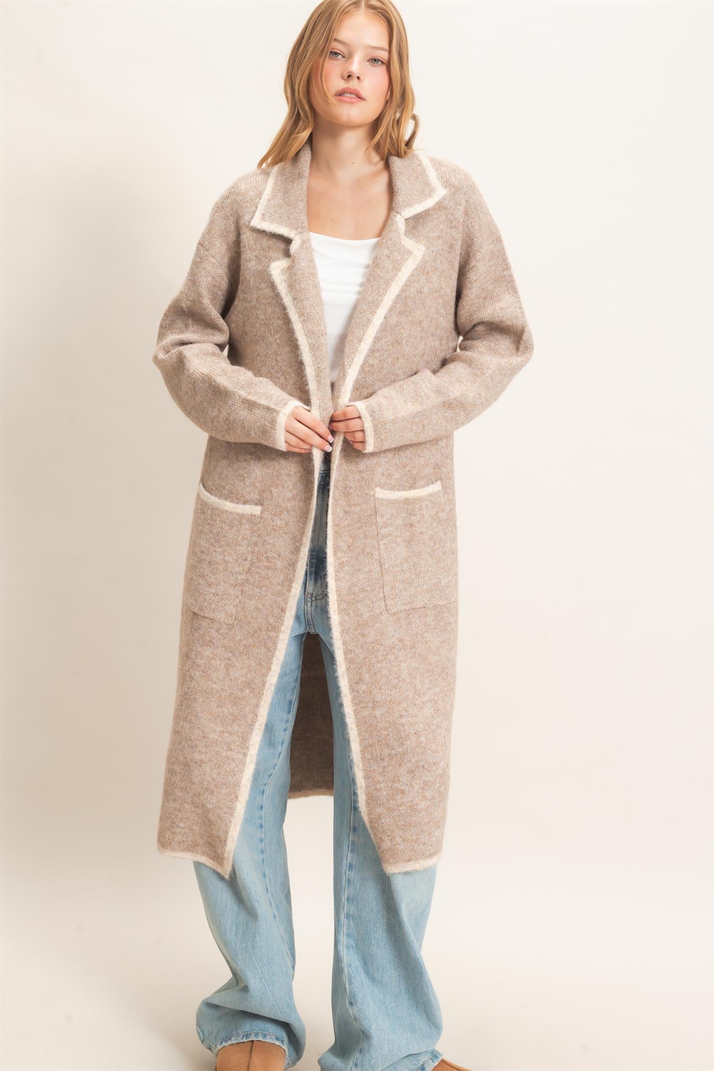 Wholesale Notched Collar Coatigan Sweater Cardigans HF26E695 BEIGE HYFVE