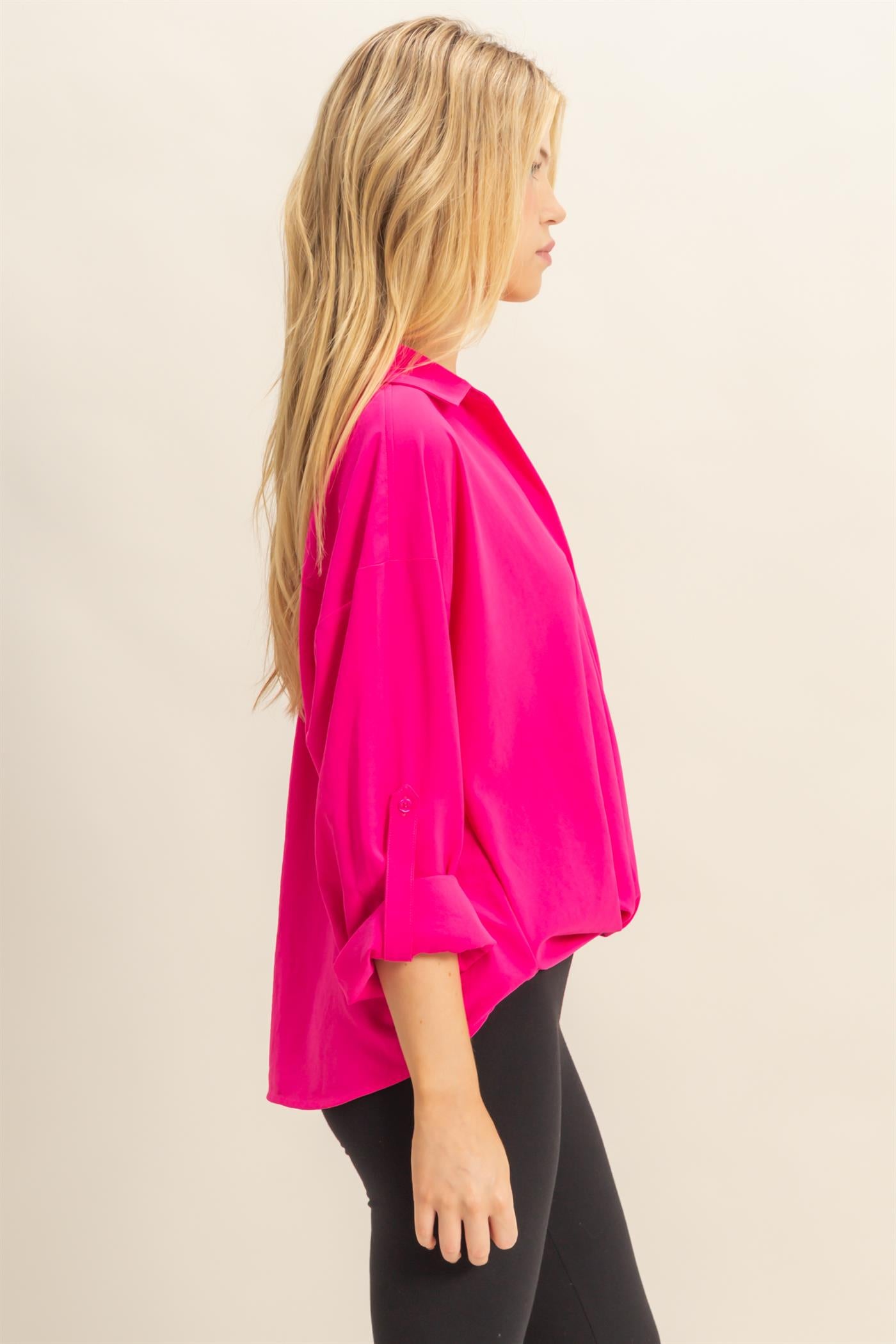 Wholesale Button-Down Blouse With Flowing Fit Clothing Tops HF25C543 FUCHSIA HYFVE