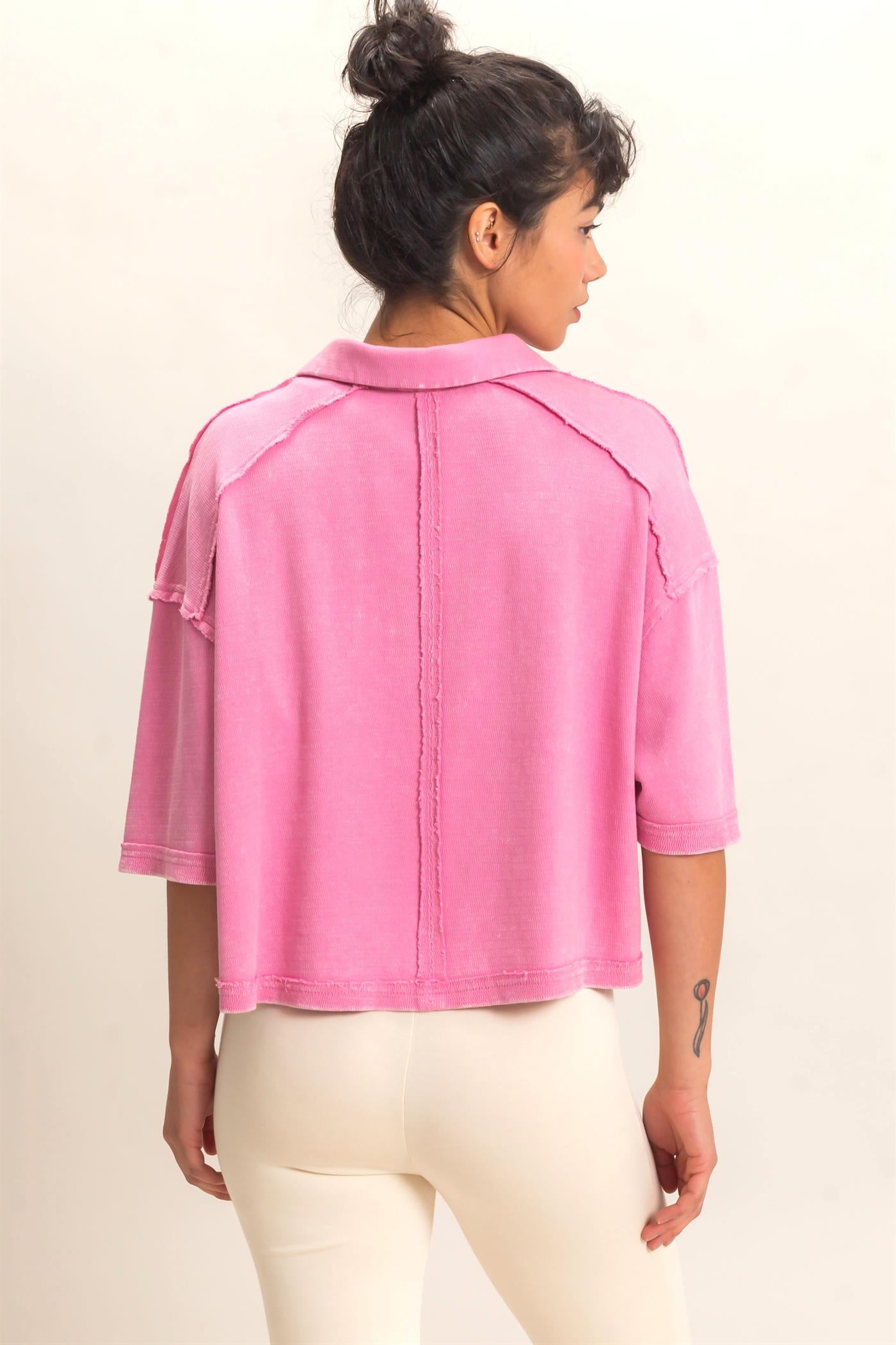Wholesale Mineral Wash Oversized Collar Short Sleeve Top Clothing Tops DZ26E813 PINK DOUBLE ZERO