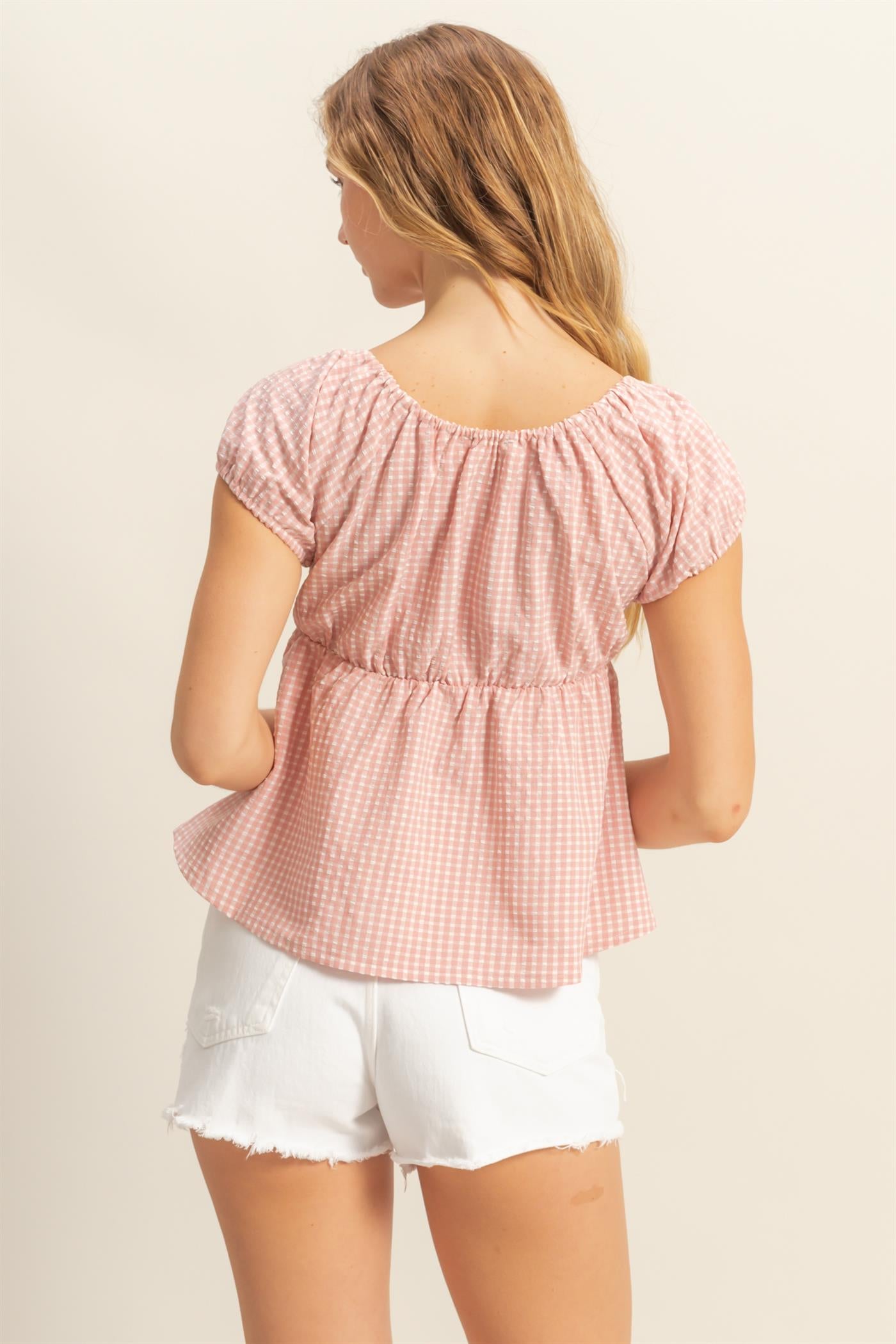 Wholesale Gingham Scoop Neck Cap Sleeve Blouse Blouses DZ25C042 PINK DOUBLE ZERO