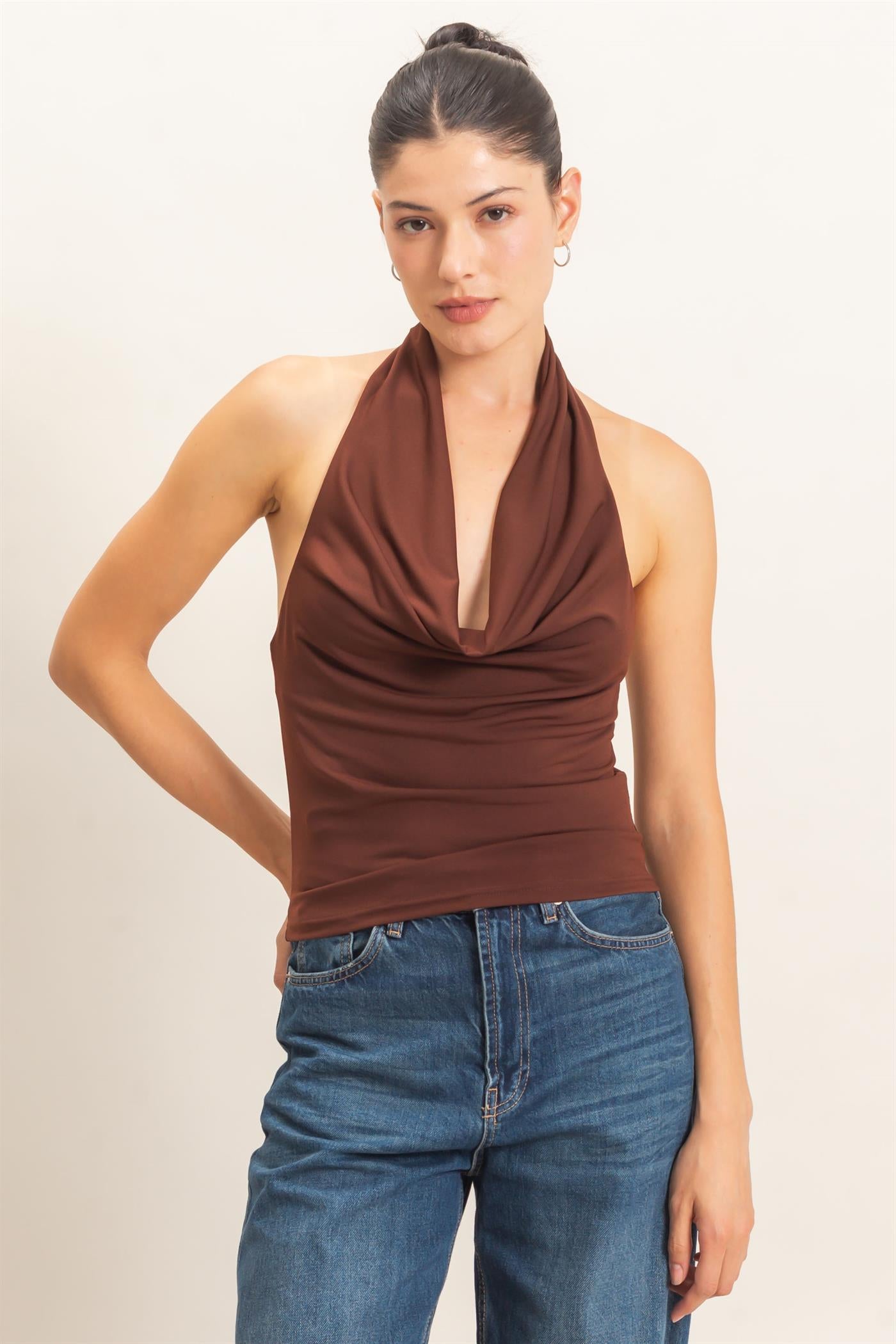 Wholesale Cowl Halter Neck Top Clothing Tops HF26E408 CHOCOLATE HYFVE