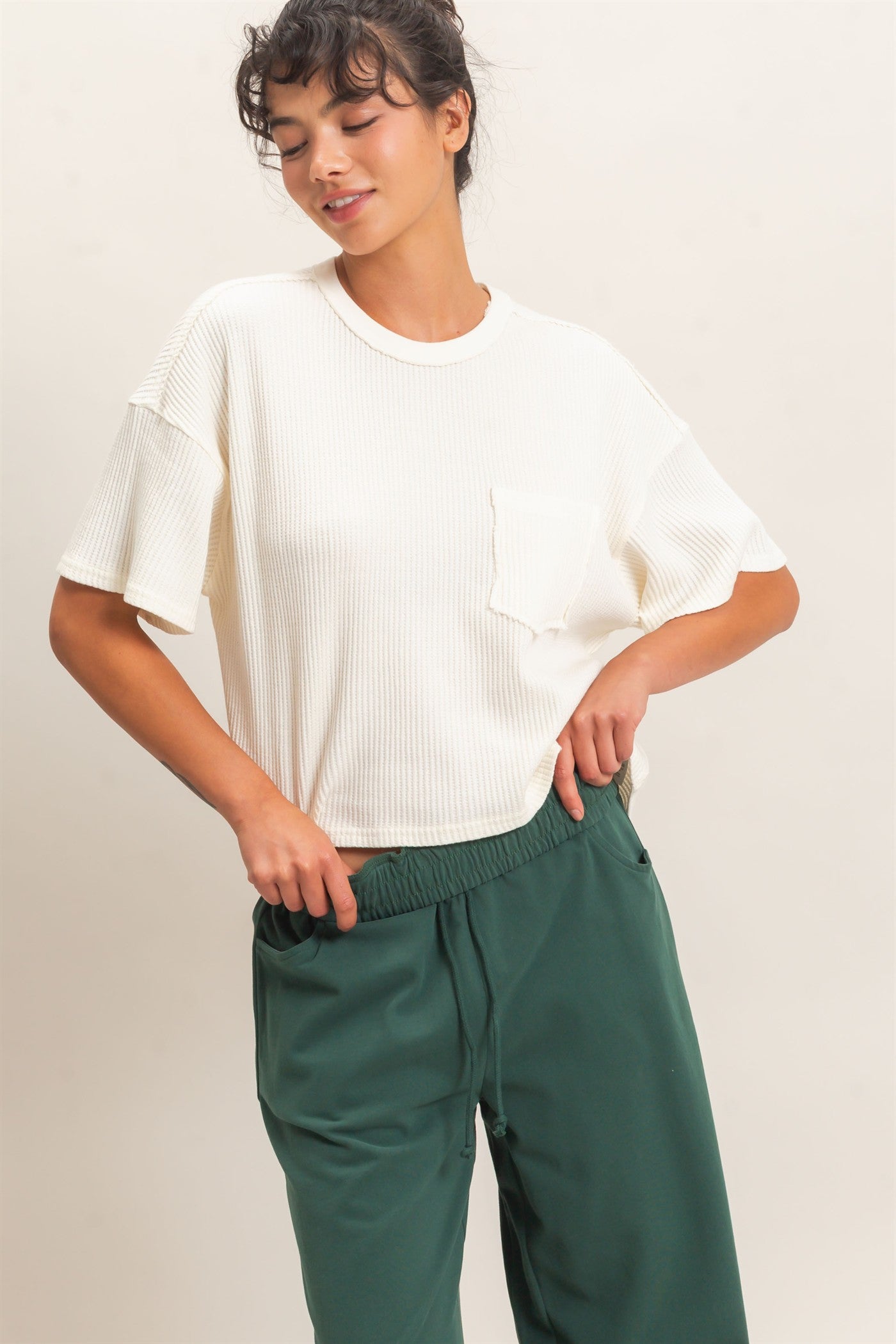 Wholesale Mineral Wash Waffle Knit Pocket Top Clothing Tops DZ26E222 CREAM DOUBLE ZERO