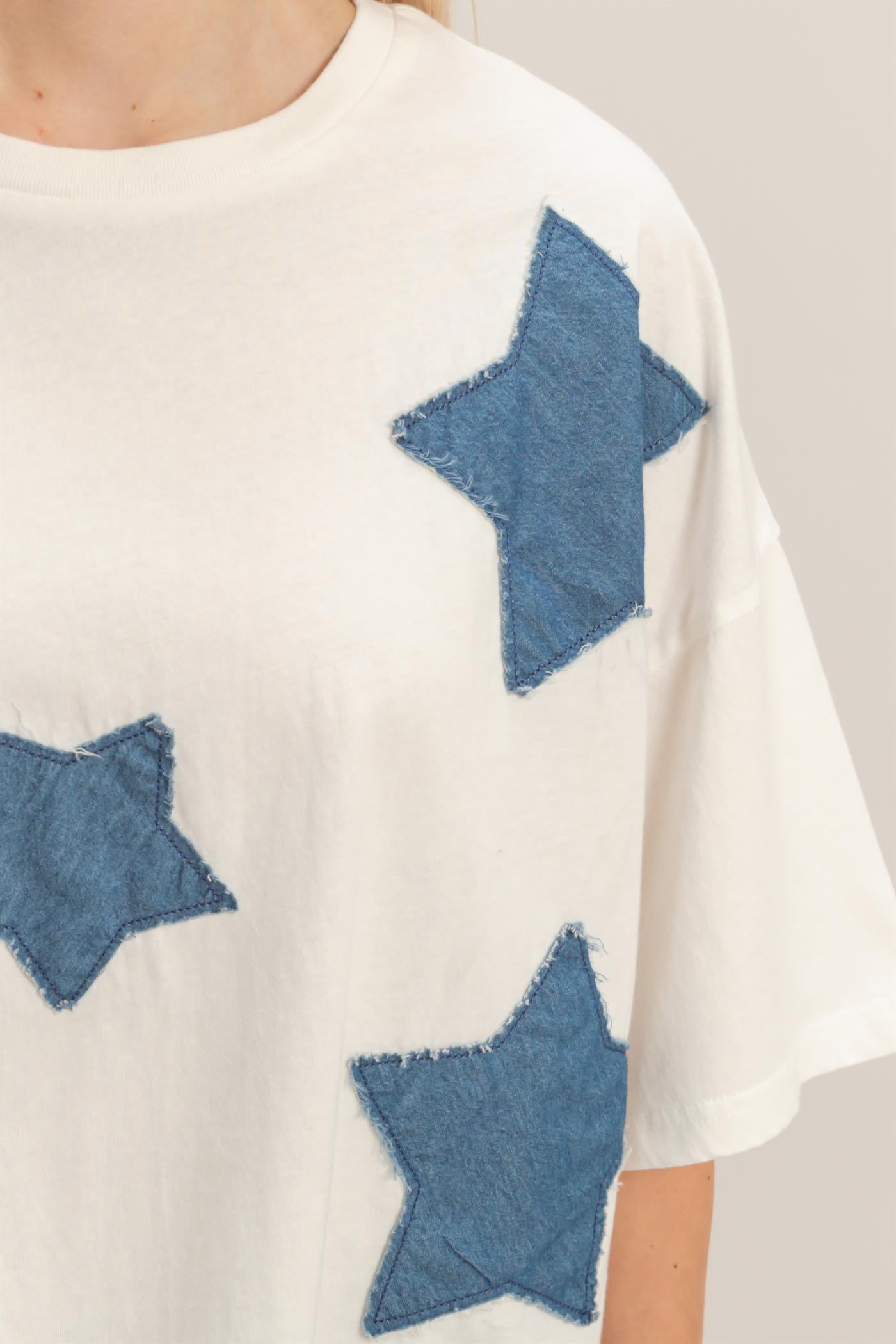 Wholesale Raw Edge Star Patch Top Clothing Tops DZ26C616 WHITE DOUBLE ZERO