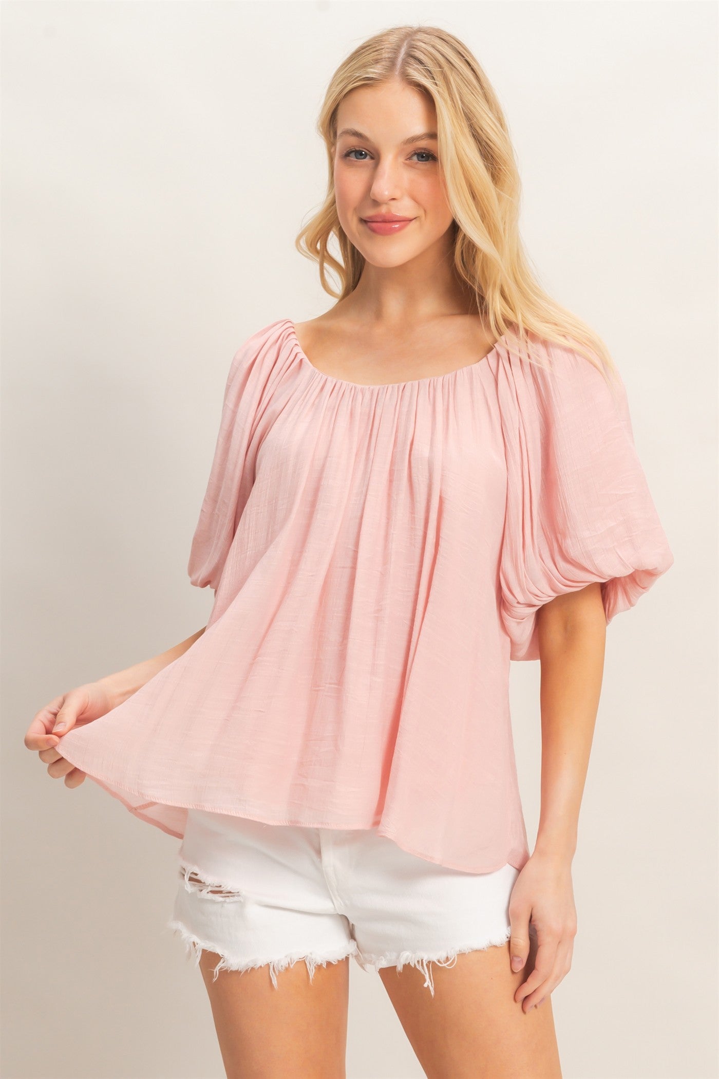 Wholesale Gathered Puff Sleeve Blouse Blouses HF26C307 BLUSH HYFVE