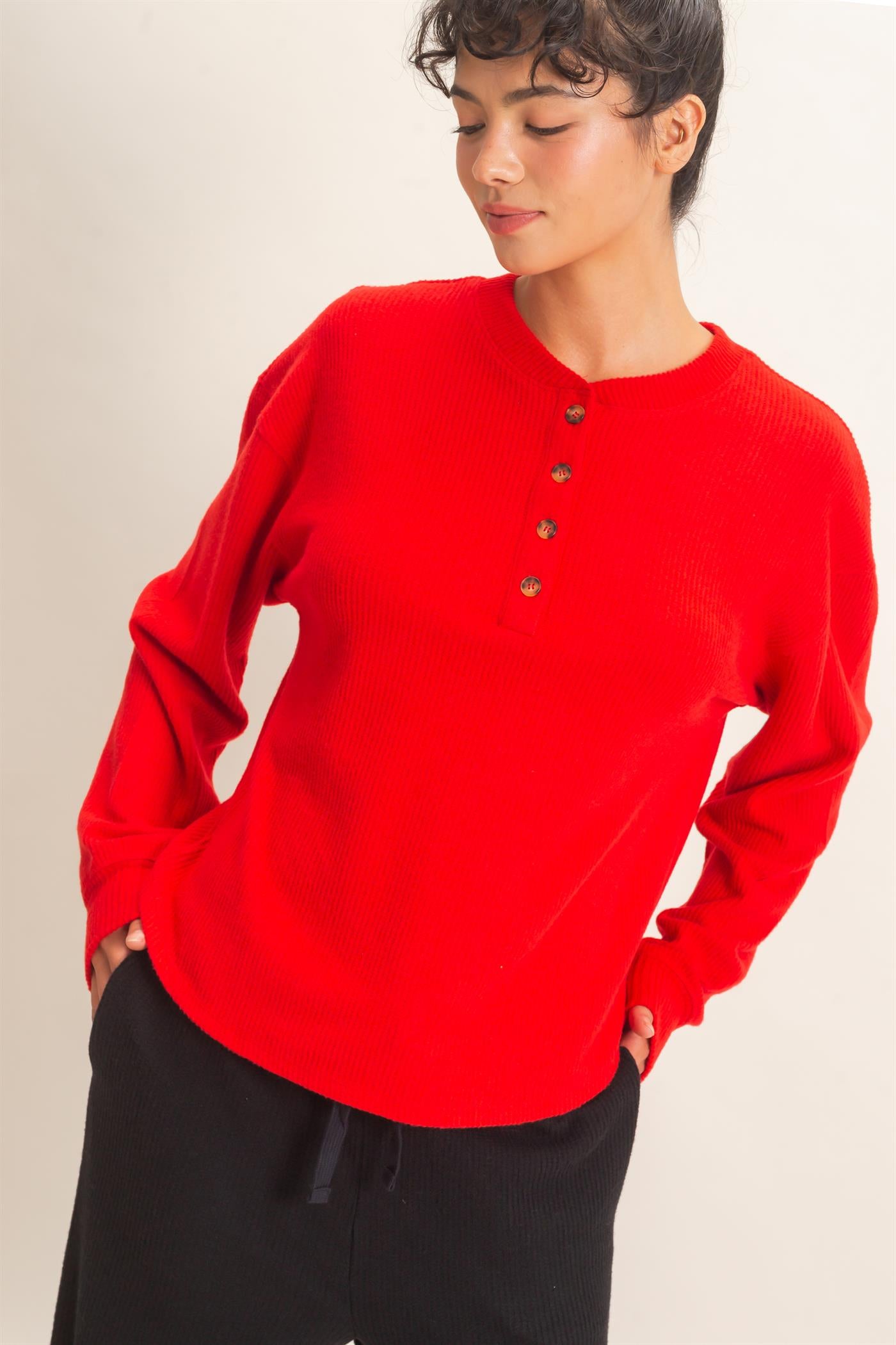 Wholesale Brushed Waffle Henley Top Clothing Tops DZ26F314 RED DOUBLE ZERO