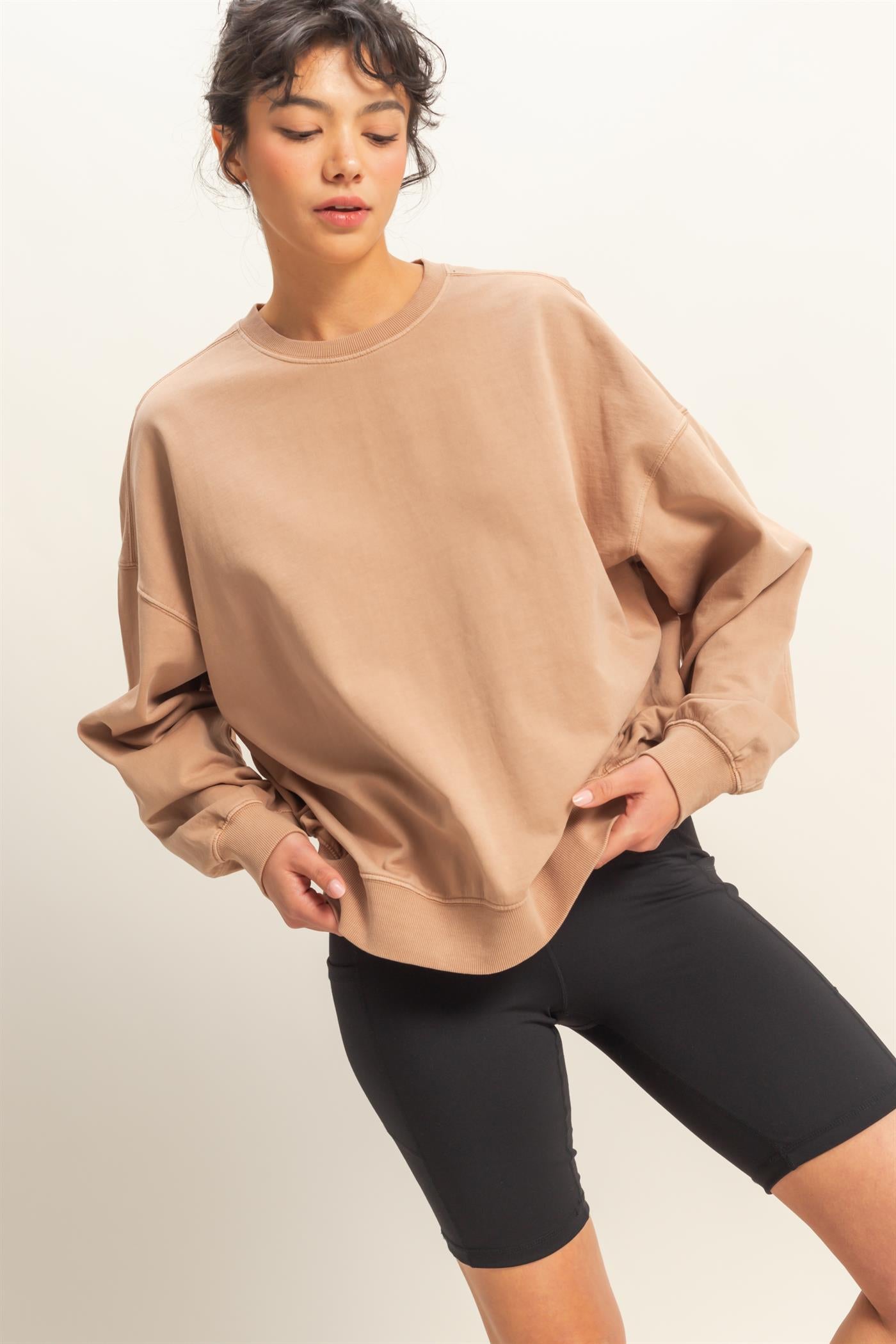 Wholesale Warm Long Sleeve French Terry Sweatshirt Sweatshirts DZ25C733 DARK TAUPE HYFVE