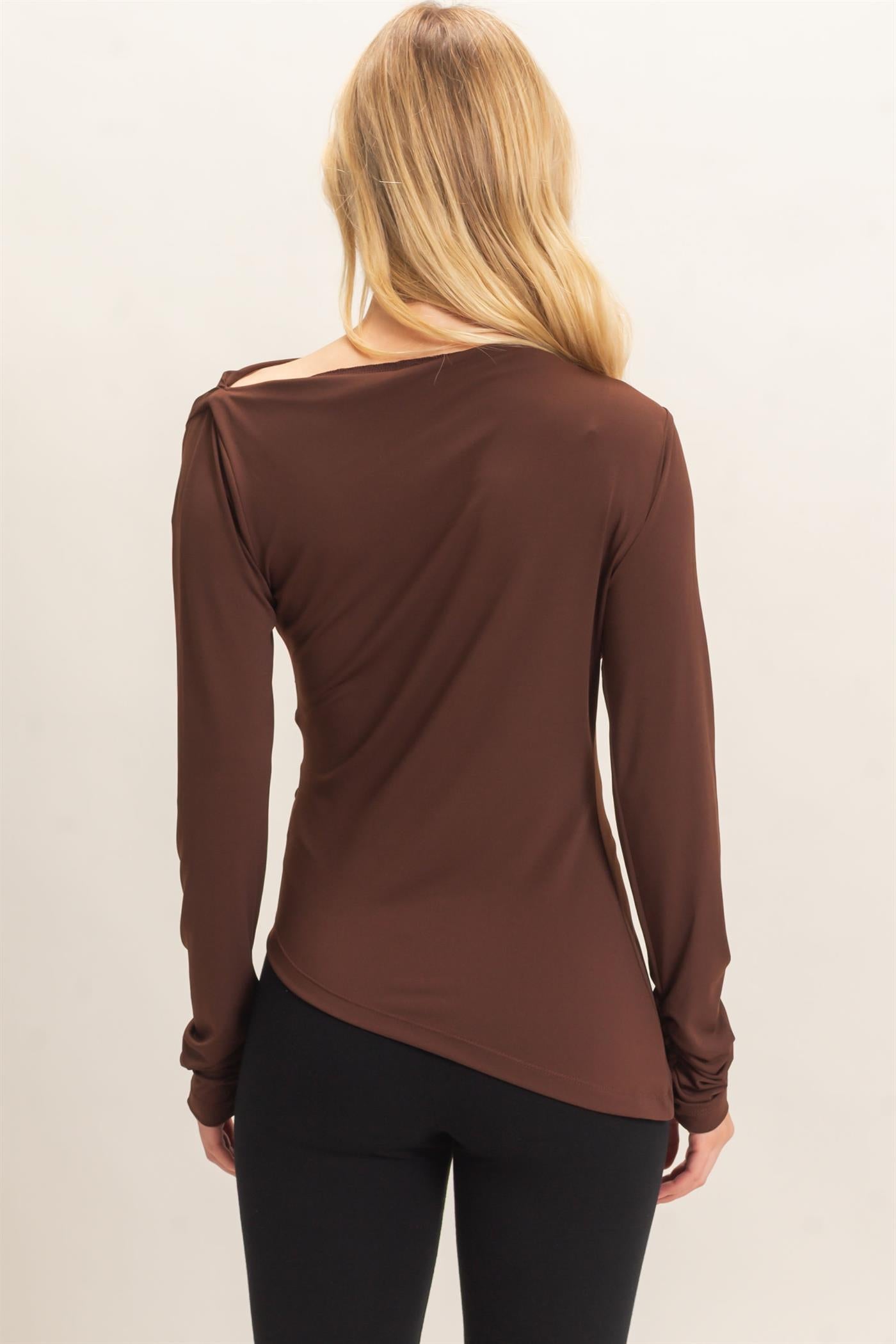 Wholesale Asymmetrical Ruched Long Sleeve Top Clothing Tops HF26C683 CHOCOLATE HYFVE