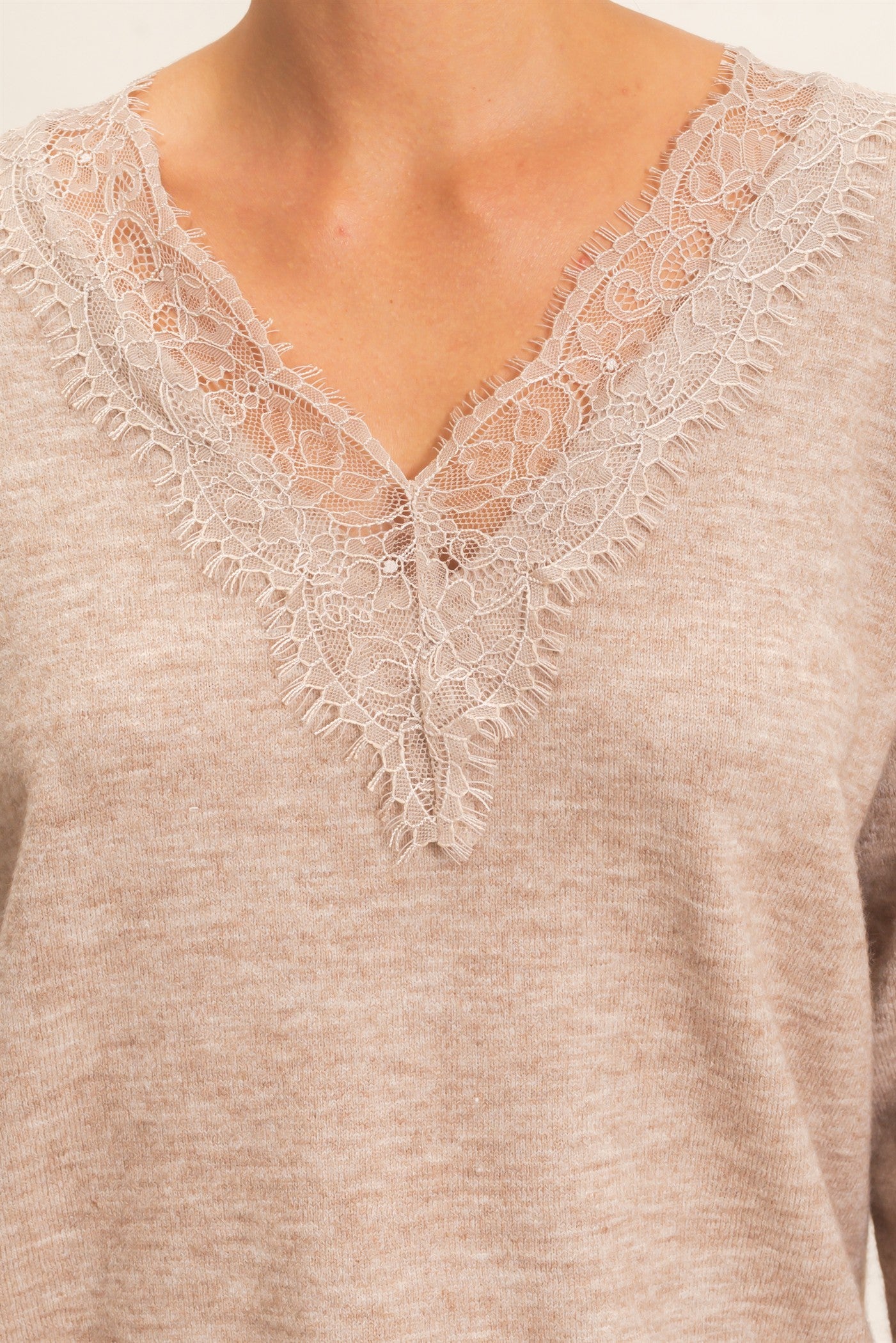 Wholesale Lace Trim V-Neck Sweater Sweaters DZ26E327 TAUPE DOUBLE ZERO