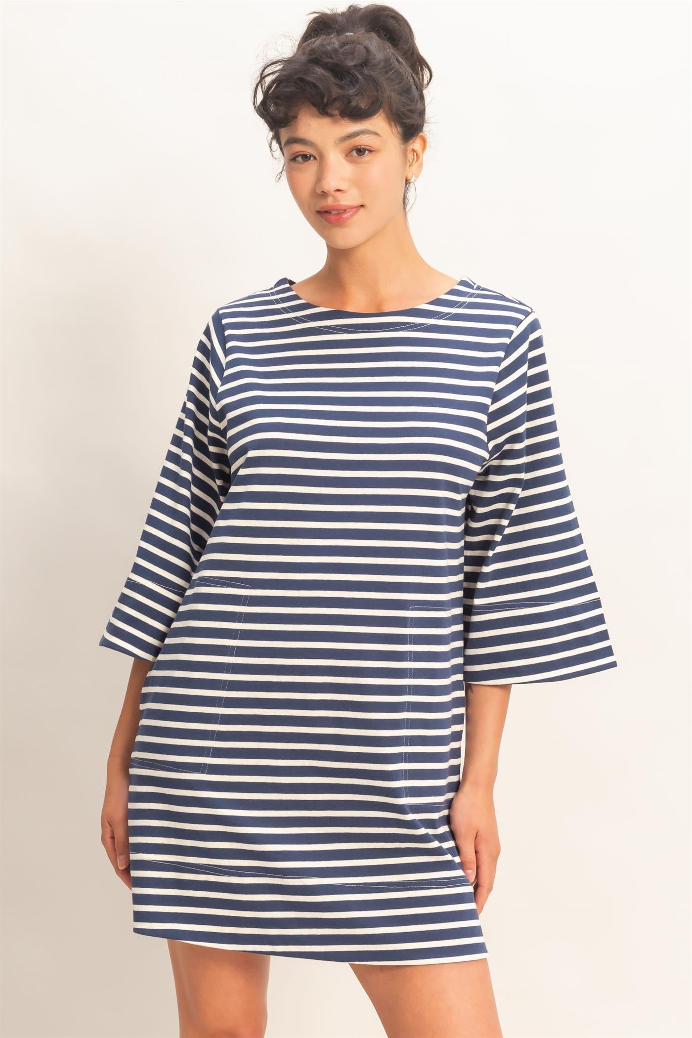 Wholesale Striped Round Neck Half-Sleeve Mini Dress Dresses DZ26A460 NAVY DOUBLE ZERO