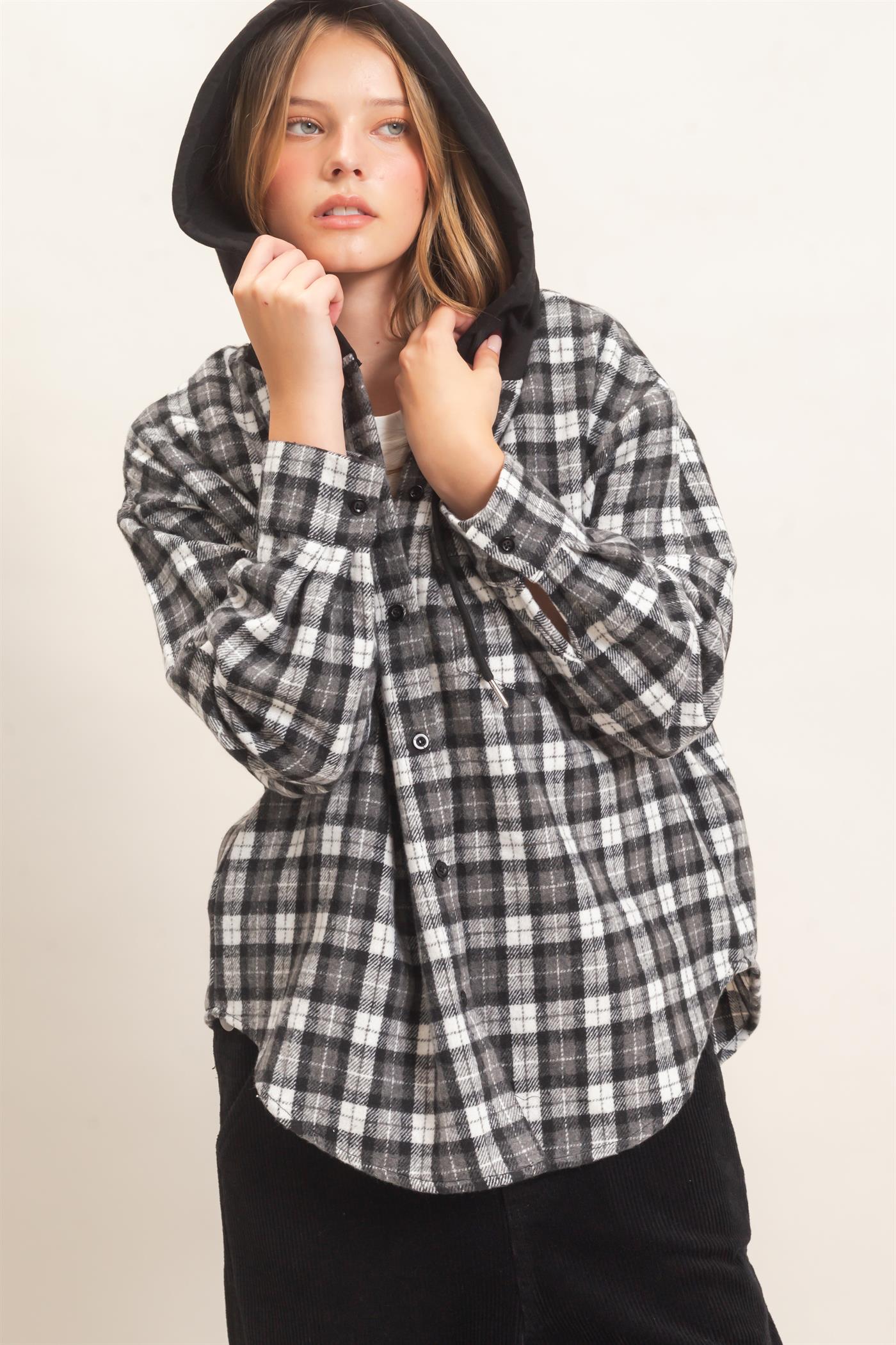 Wholesale Hooded Plaid Button-Up Shirt Shirts HF26F018 BLACK HYFVE