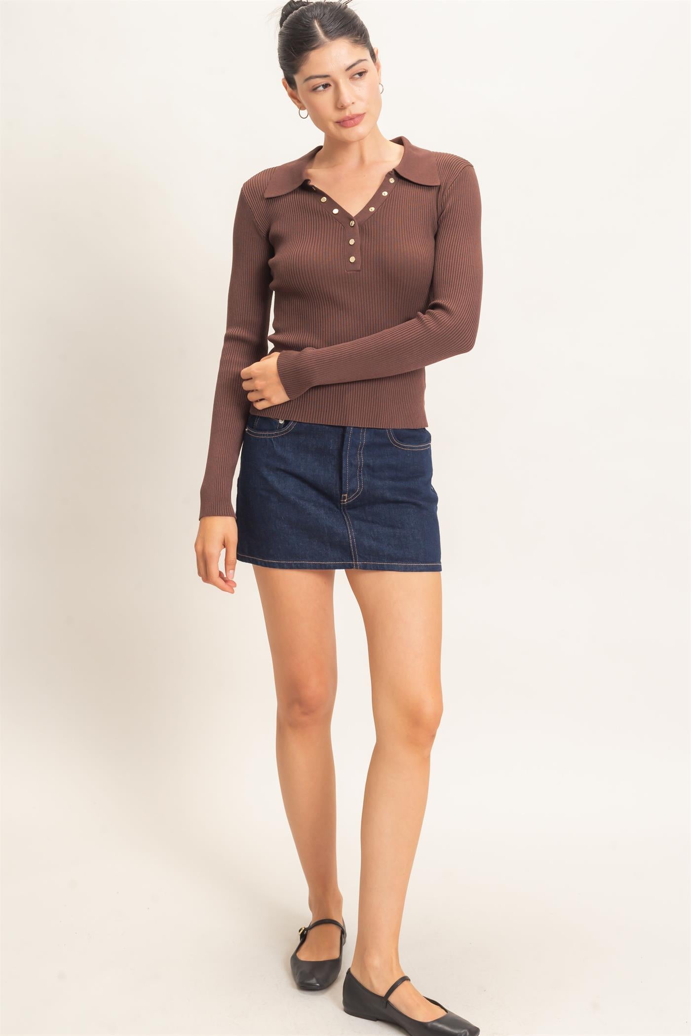 Wholesale Ribbed V-Neck Sweater With Collar Clothing Tops HF26E684 BROWN HYFVE